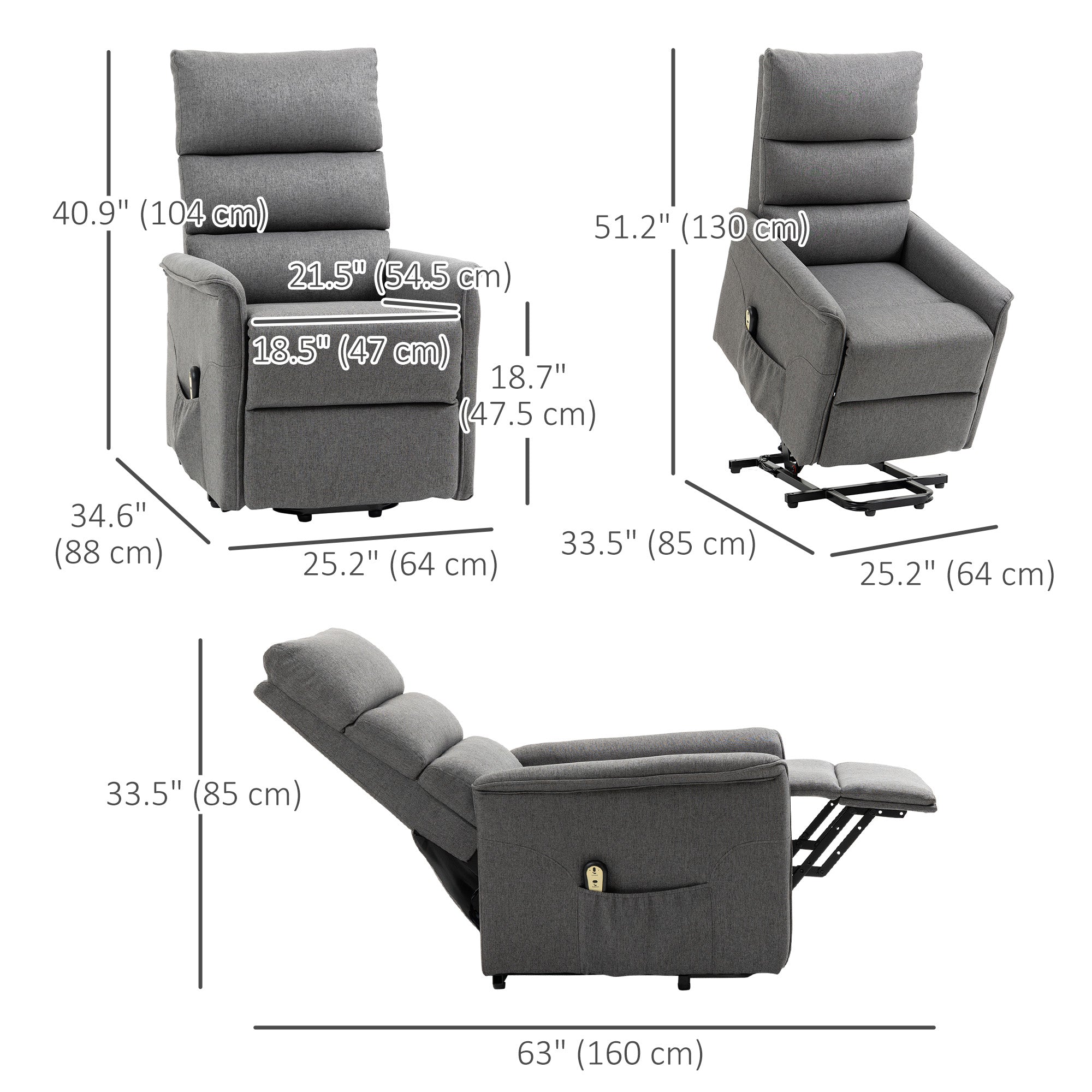 HOMCOM Power Lift Chair, Electric Recliner for Elderly, Padded Reclining Chair with Remote Control, Side Pockets for Living Room, Dark Grey