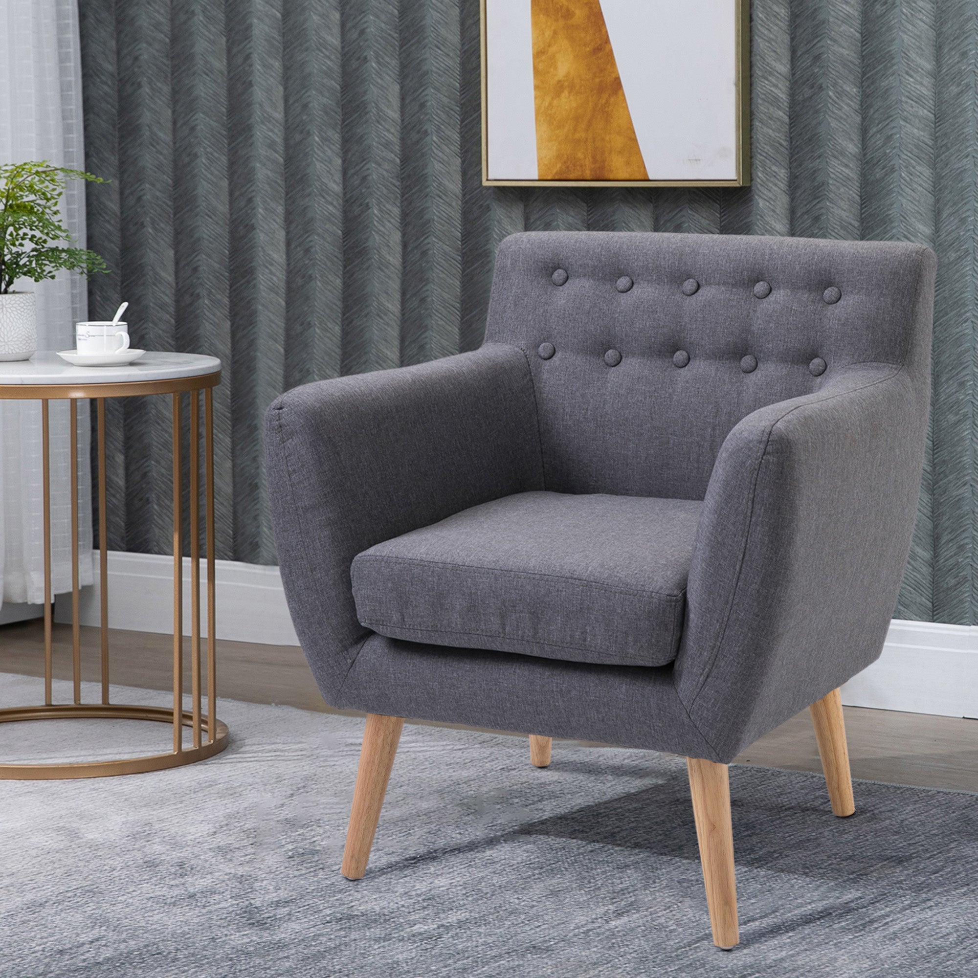 HOMCOM Mid-Century Modern Accent Chair, Linen Upholstery Armchair, Tufted Club Chair with Wood Frame and Thick Padding, Light Grey