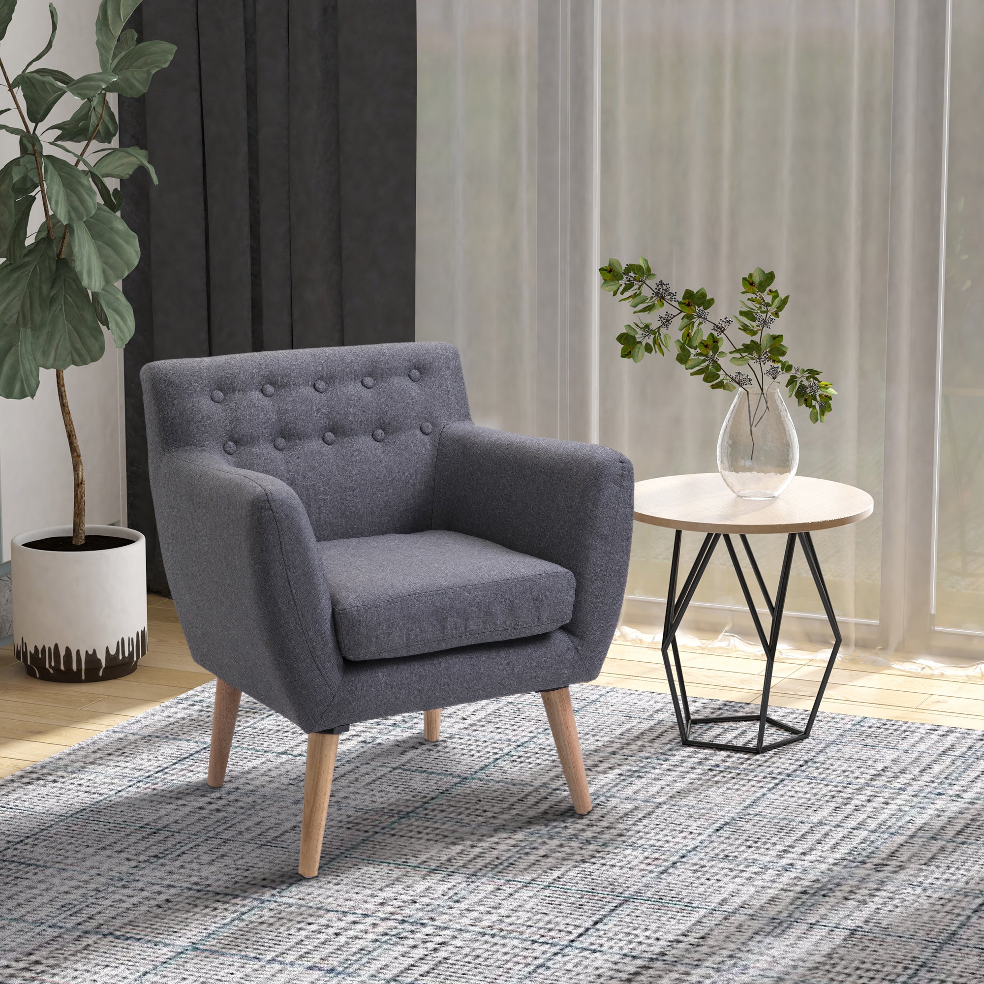 HOMCOM Mid-Century Modern Accent Chair, Linen Upholstery Armchair, Tufted Club Chair with Wood Frame and Thick Padding, Light Grey