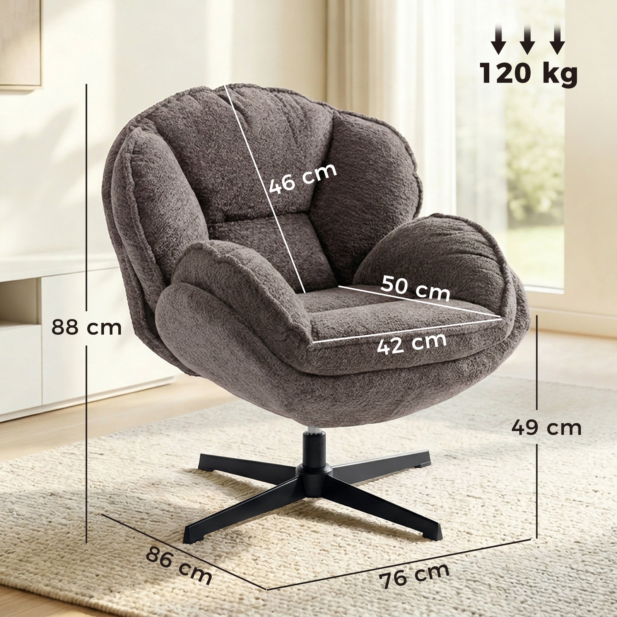 Modern Wingback Accent Chair, Velvet Armchair with 360° Swivel, Four-Star Base, S-Springs, Bedroom Chair for Living Room, Bedroom, Study, Grey