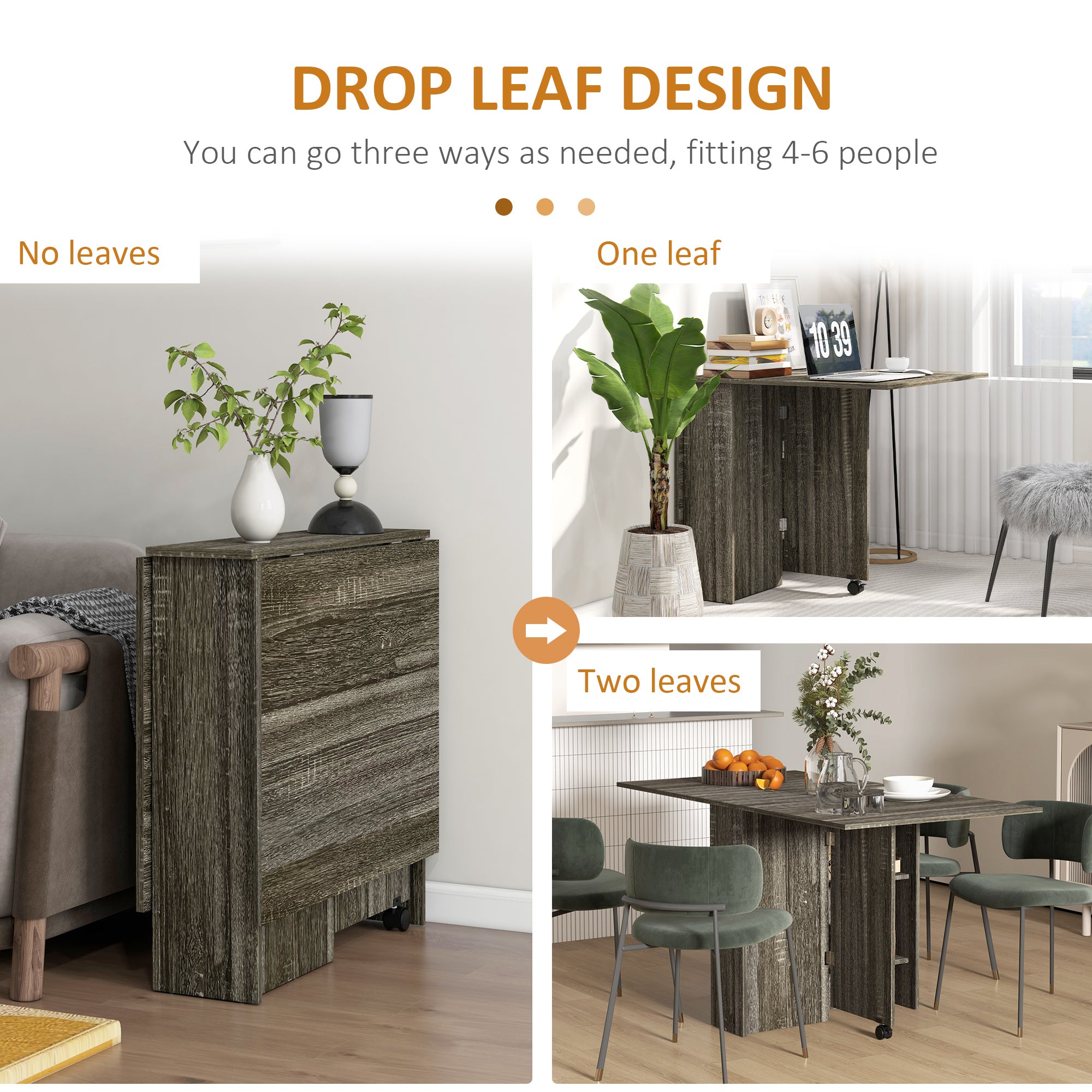 HOMCOM Folding Dining Table, Drop Leaf Table for Small Spaces with 2-tier Shelves, Small Kitchen Table with Rolling Casters, Grey