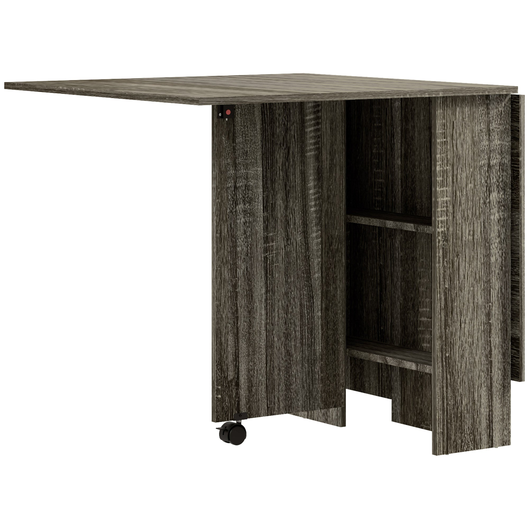 HOMCOM Folding Dining Table, Drop Leaf Table for Small Spaces with 2-tier Shelves, Small Kitchen Table with Rolling Casters, Grey