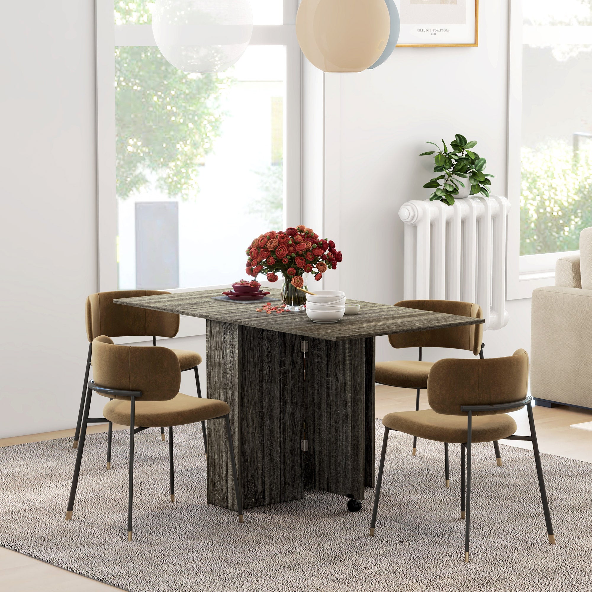 HOMCOM Folding Dining Table, Drop Leaf Table for Small Spaces with 2-tier Shelves, Small Kitchen Table with Rolling Casters, Grey