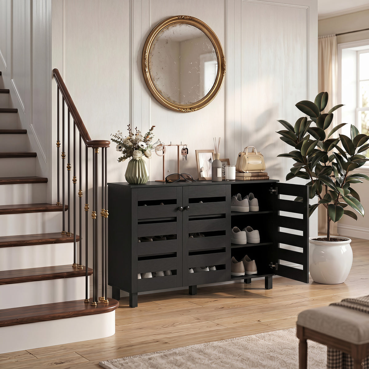 Shoe Cabinet, Shoe Storage Cabinet with 3 Slatted Doors, 3-tier Shelving Shoe Rack Cabinet with Adjustable Shelves for Entryway, Hallway, Living Room, Holds 15 Pairs, Black