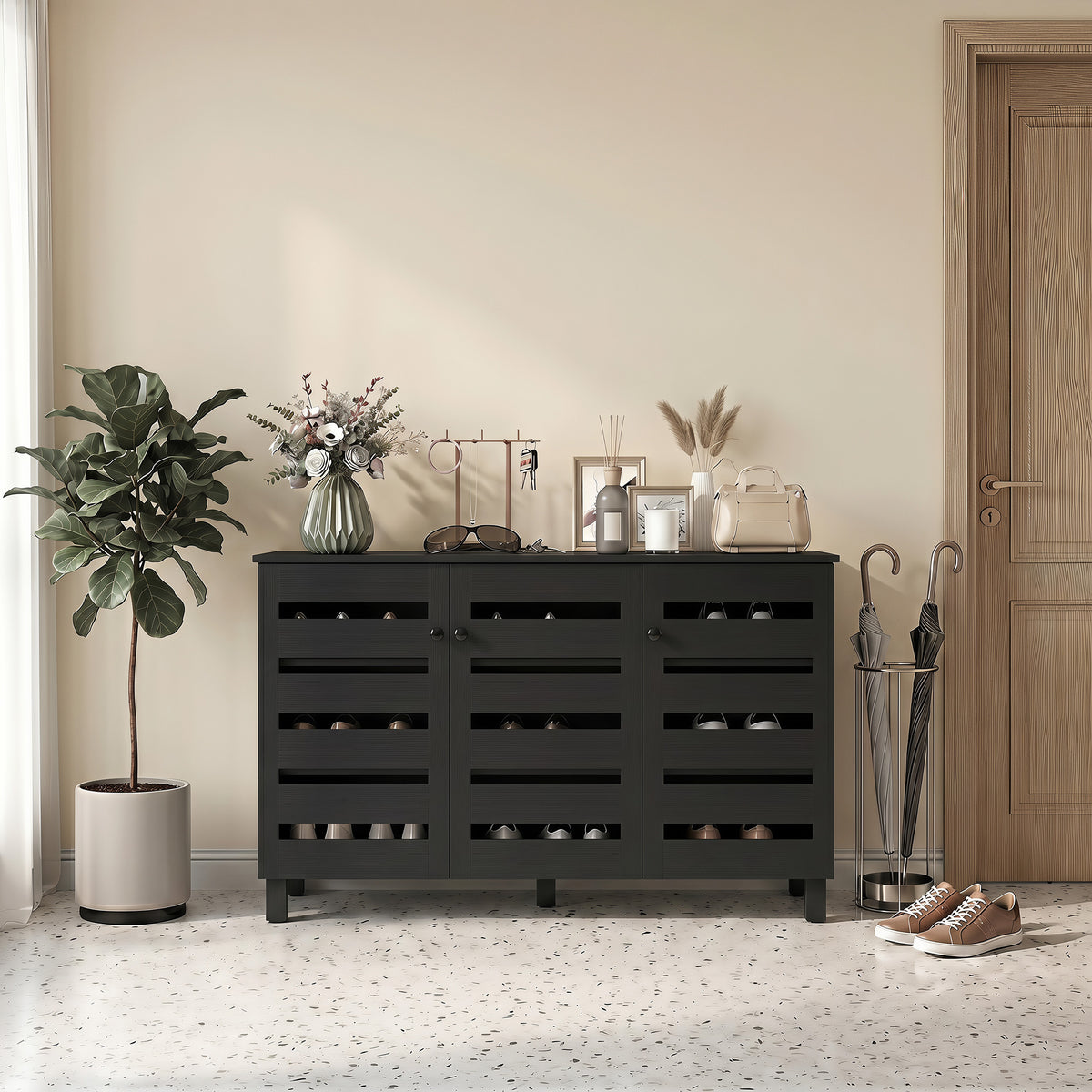Shoe Cabinet, Shoe Storage Cabinet with 3 Slatted Doors, 3-tier Shelving Shoe Rack Cabinet with Adjustable Shelves for Entryway, Hallway, Living Room, Holds 15 Pairs, Black