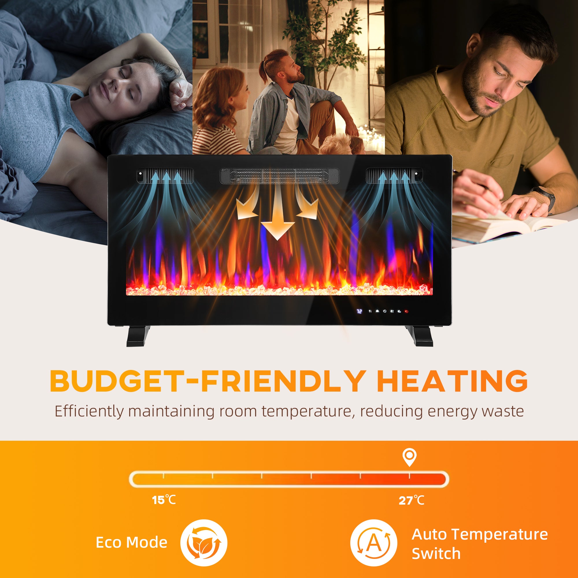 36" Thin Electric Fireplace, Freestanding, Recessed, Wall Mounted Fireplace Heater with Adjustable Flame and Thermostat, Eco Mode, Auto Switch, 12H Timer, Remote, 750/1500W