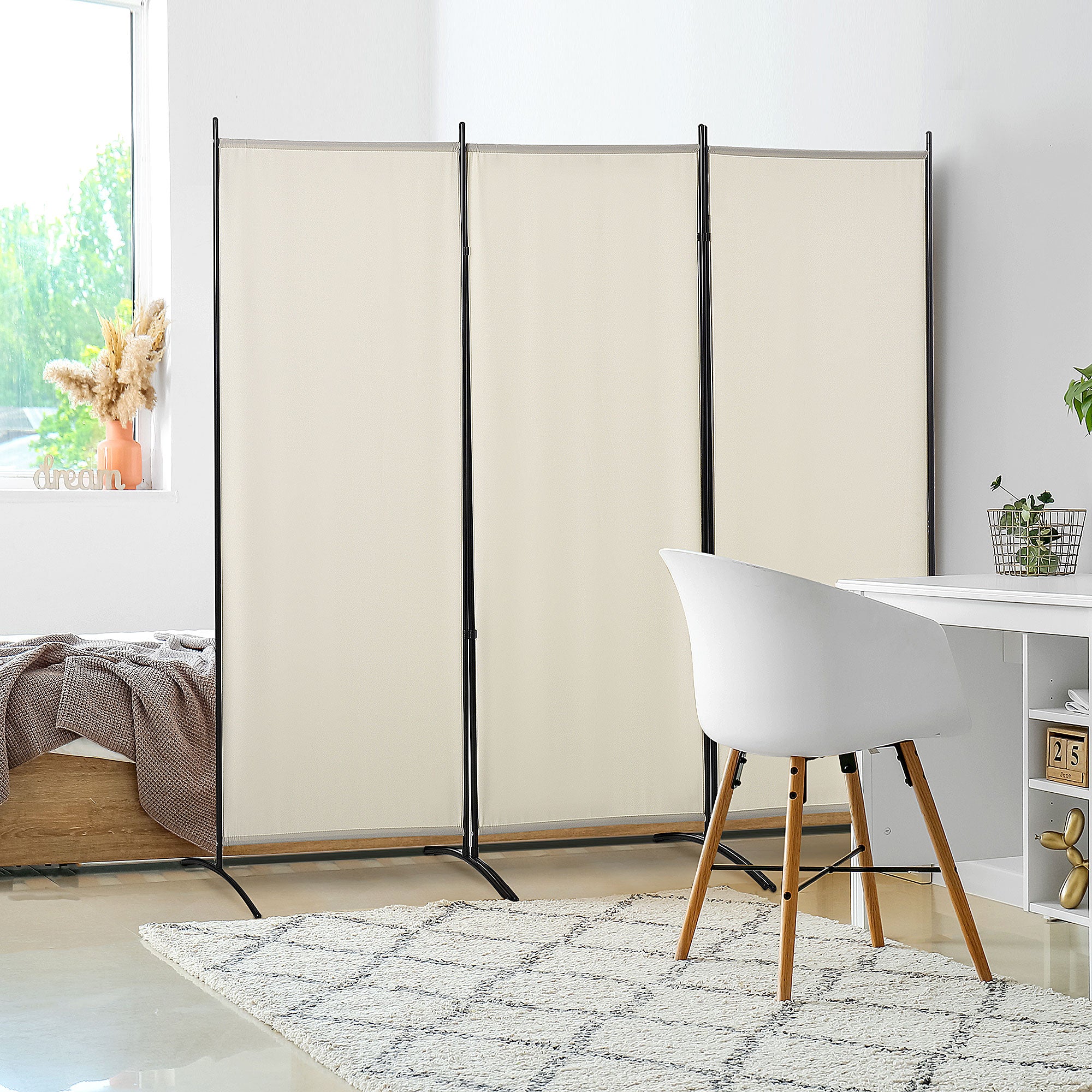 HOMCOM 3 Panel Room Divider, 6 Ft Double Hinged Folding Privacy Screen, Portable Freestanding Partition Wall Divider for Home Office, Beige