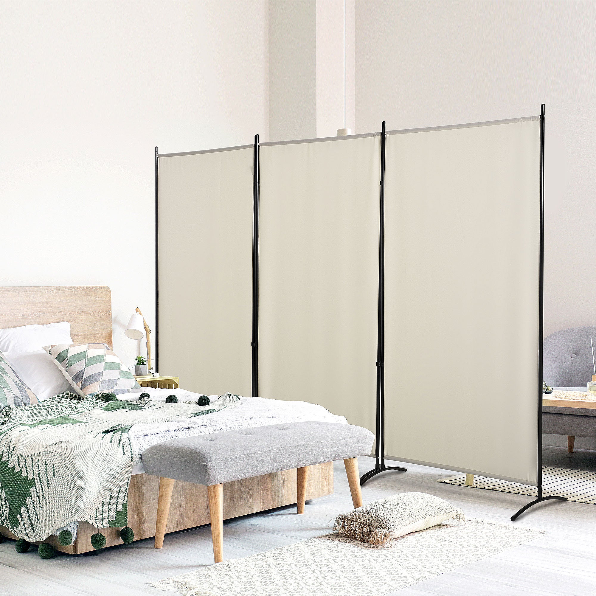 HOMCOM 3 Panel Room Divider, 6 Ft Double Hinged Folding Privacy Screen, Portable Freestanding Partition Wall Divider for Home Office, Beige