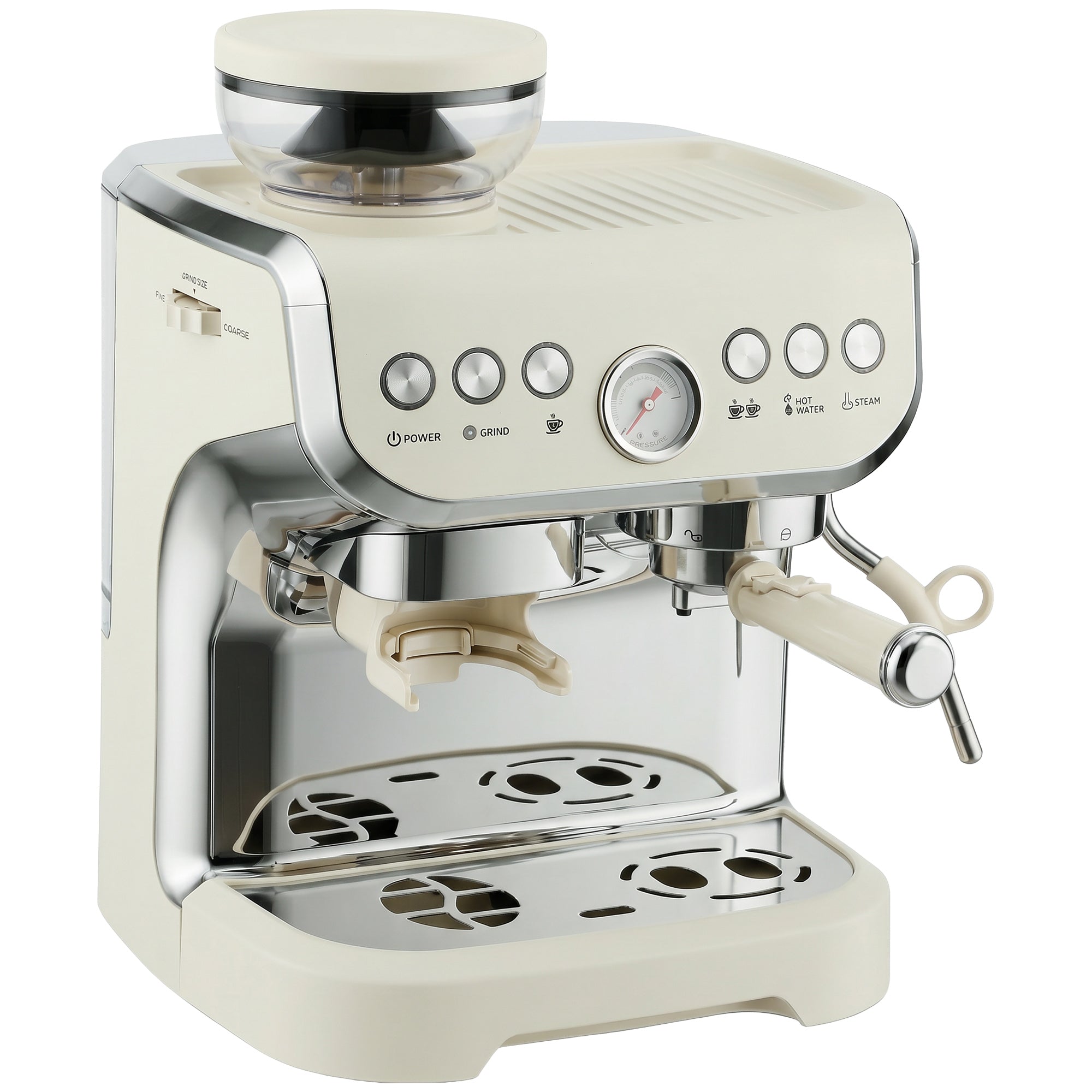 Espresso Machine with Integrated Bean Grinder & Steam Wand, Bean to Cup Coffee Machine with 15 Bar Italian Pump, 2L Water Tank, Cappuccino Maker, Stainless Steel, Cream White