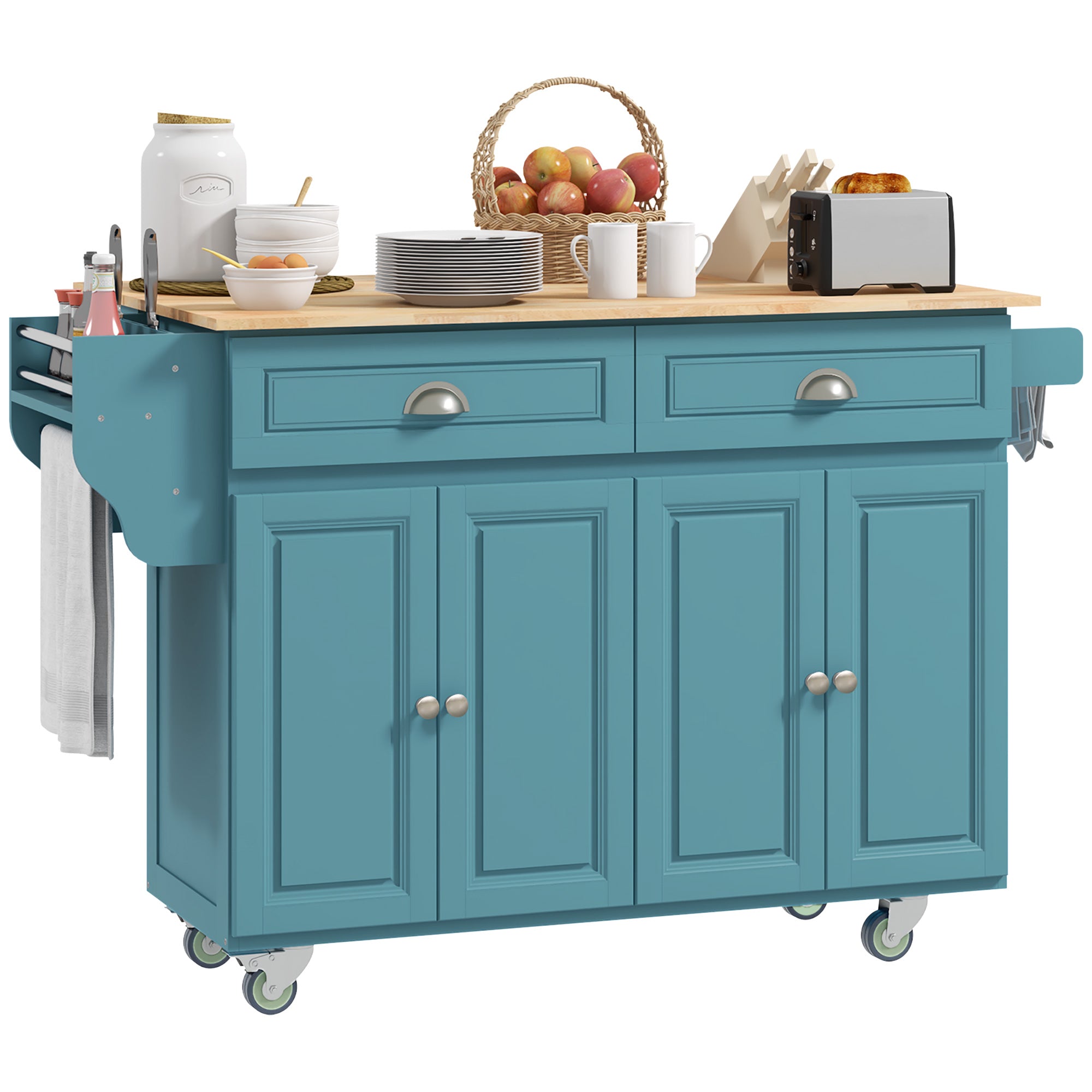 Rolling Kitchen Island Drop Leaf Kitchen Cart on Wheels Solid Wood Top with Storage Drawers Light Blue