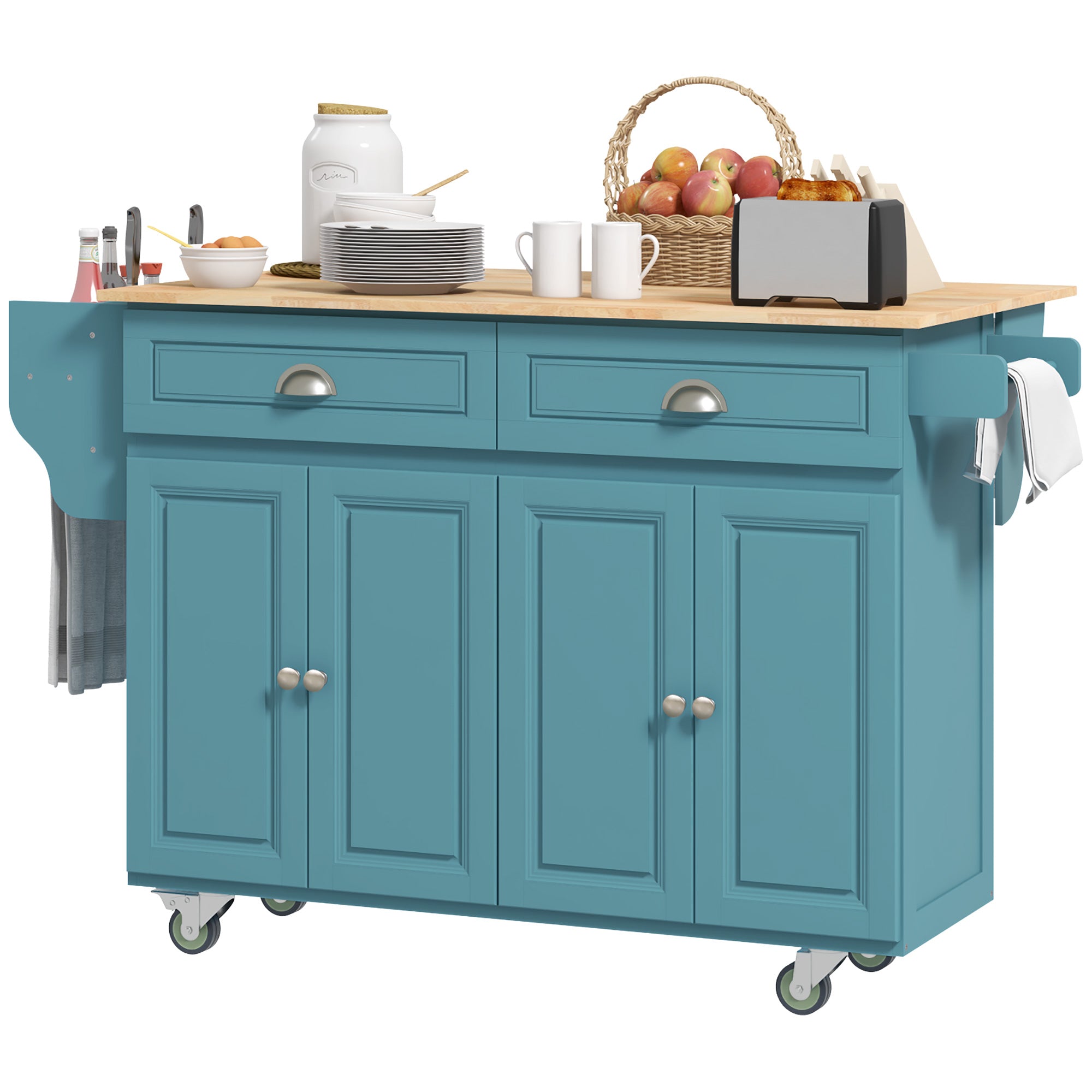 Rolling Kitchen Island Drop Leaf Kitchen Cart on Wheels Solid Wood Top with Storage Drawers Light Blue