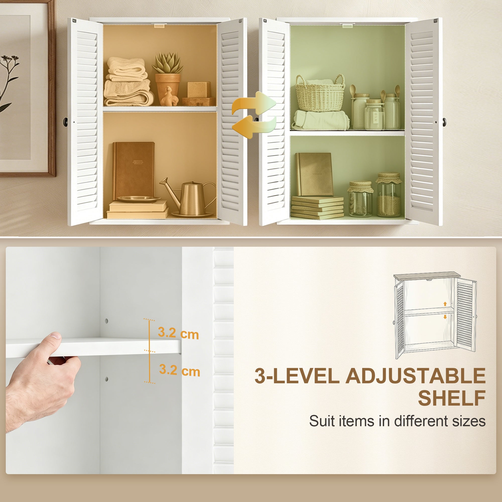 Bathroom Wall Cabinet, Wall-Mounted Over-The-Toilet Space Saver with Louvered Doors and Adjustable Shelf Storage for Kitchen, Living Room, White