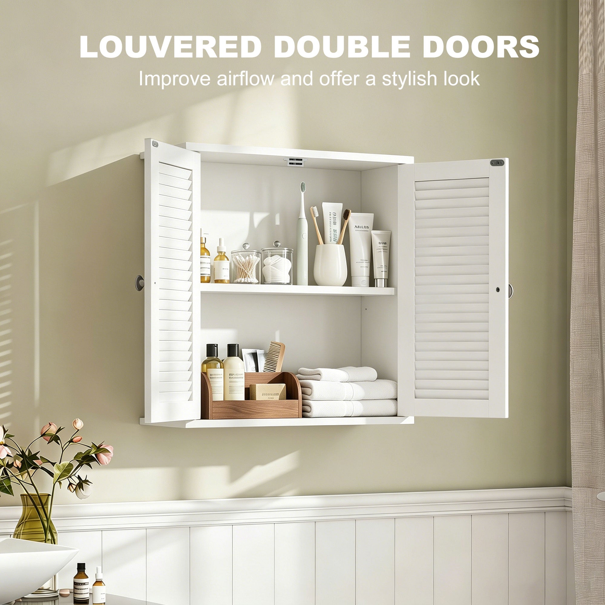 Bathroom Wall Cabinet, Wall-Mounted Over-The-Toilet Space Saver with Louvered Doors and Adjustable Shelf Storage for Kitchen, Living Room, White