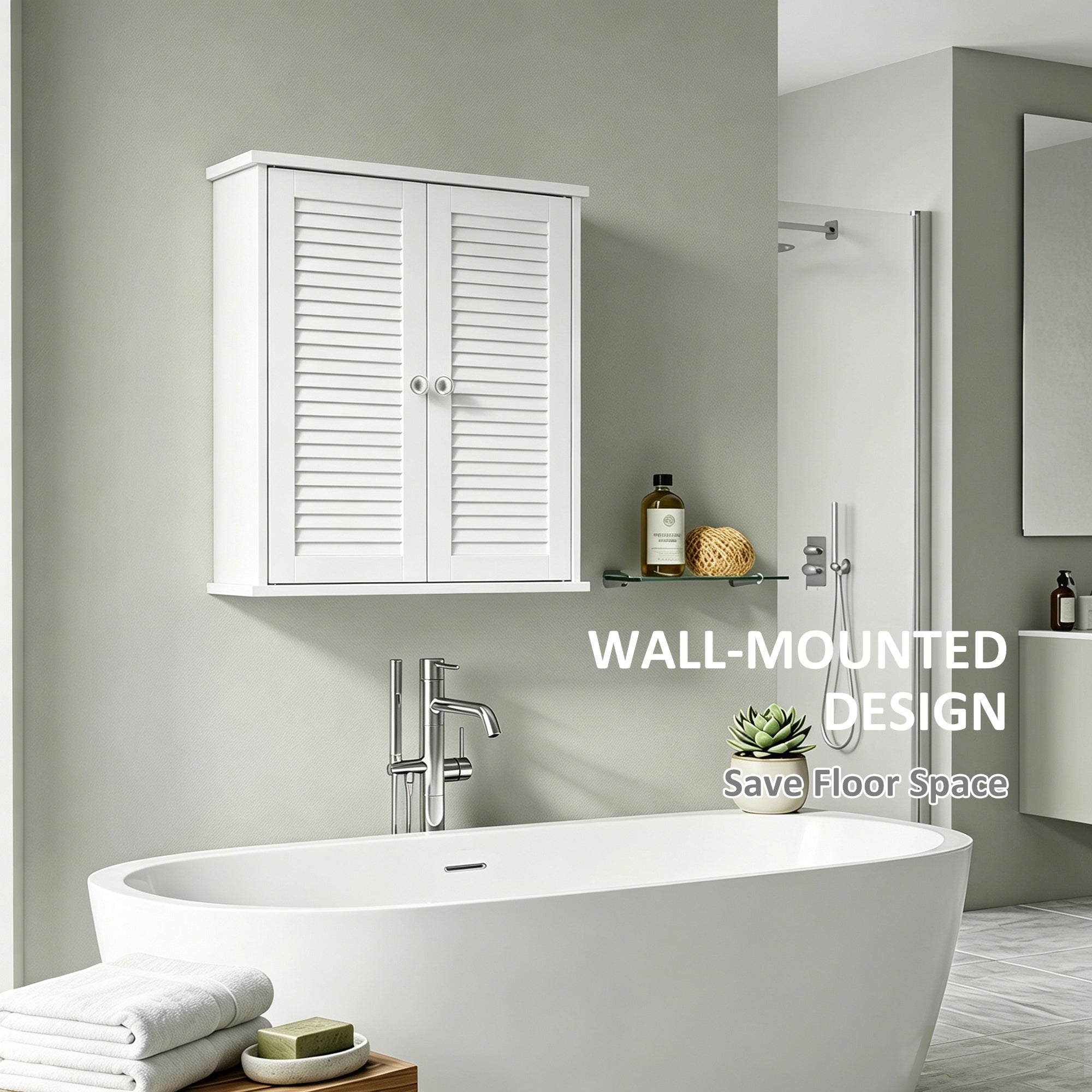 Bathroom Wall Cabinet, Wall-Mounted Over-The-Toilet Space Saver with Louvered Doors and Adjustable Shelf Storage for Kitchen, Living Room, White