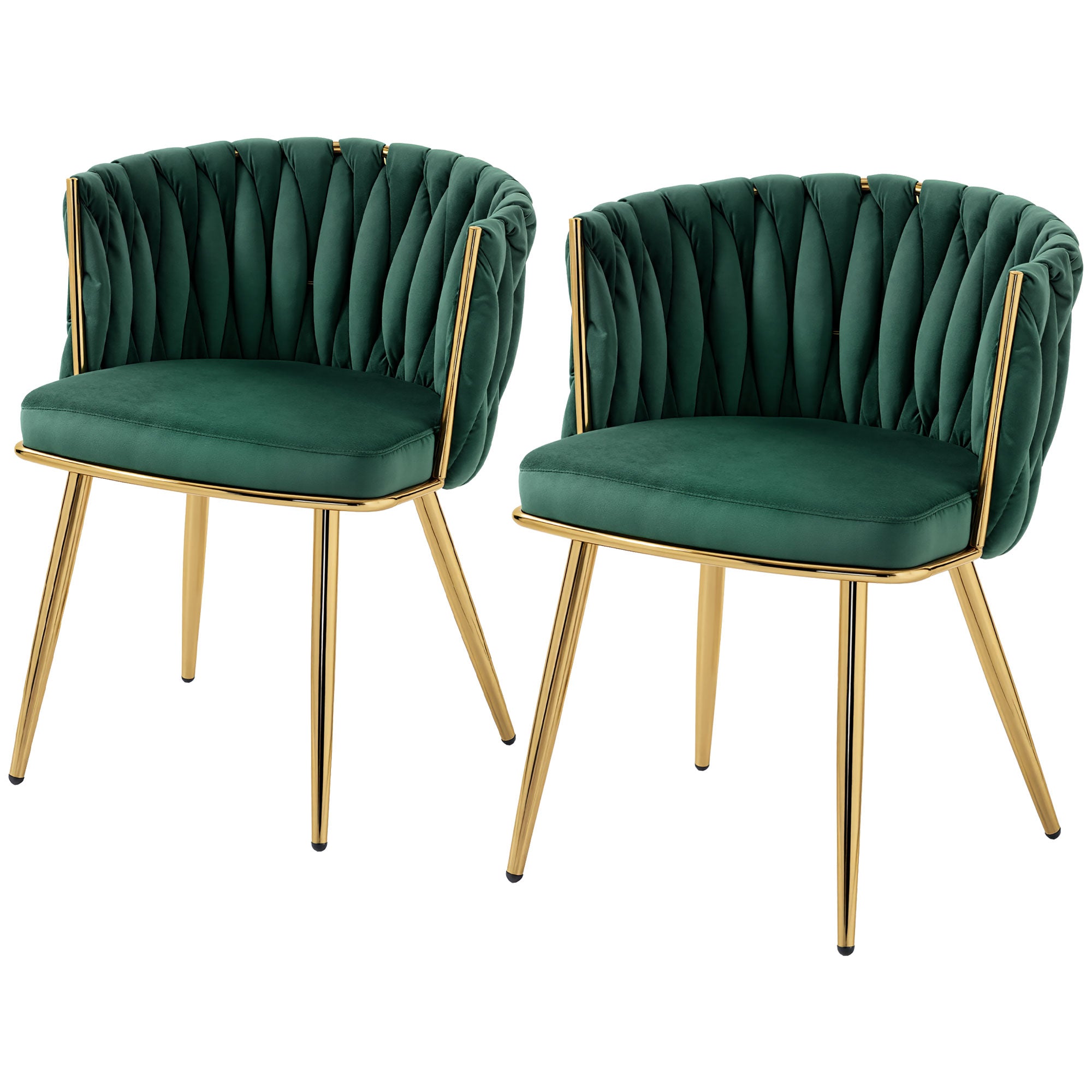 Velvet-Feel Dining Chairs Set of 2, Modern Upholstered Kitchen Chairs with Woven Backrest and Armrests, Metal Legs and Padded Seat for Dining Room, Bedroom, Living Room, Dark Green