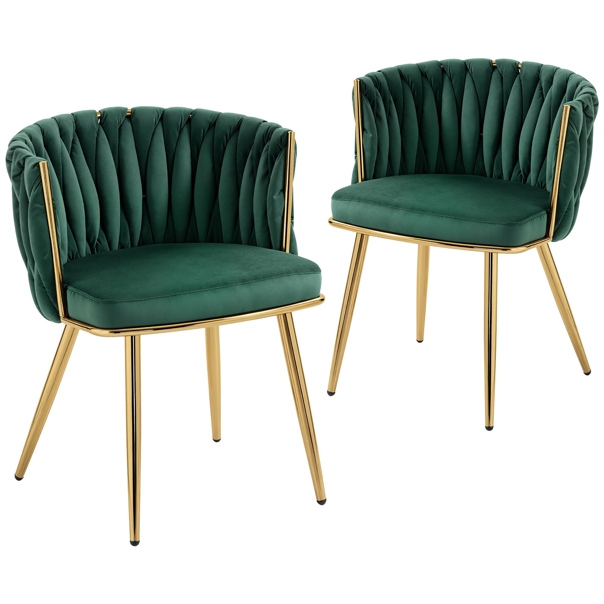 Velvet-Feel Dining Chairs Set of 2, Modern Upholstered Kitchen Chairs with Woven Backrest and Armrests, Metal Legs and Padded Seat for Dining Room, Bedroom, Living Room, Dark Green