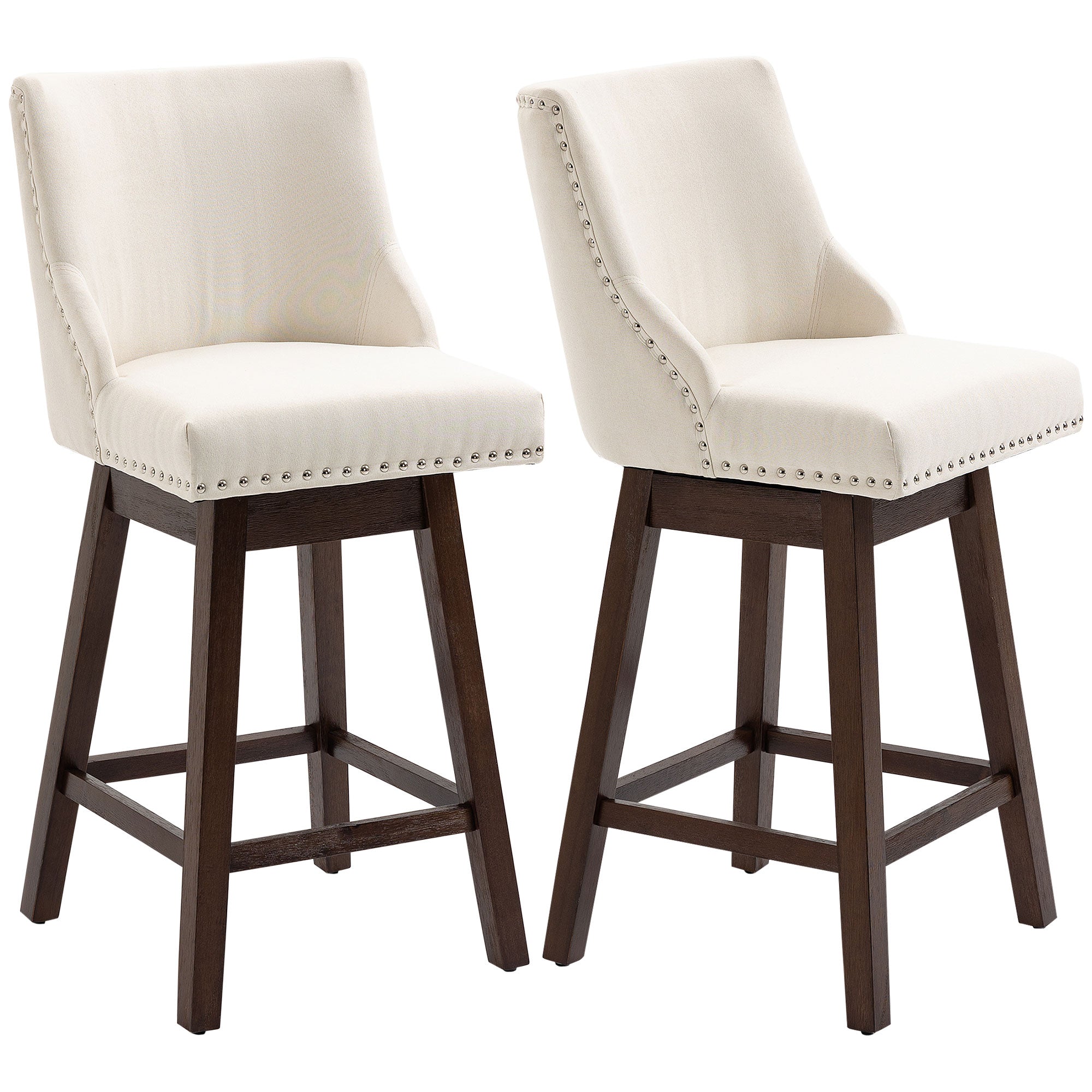 HOMCOM Swivel Bar stool Set of 2 Armless Upholstered Bar Chairs with Nailhead-Trim, Wood Legs, Cream White