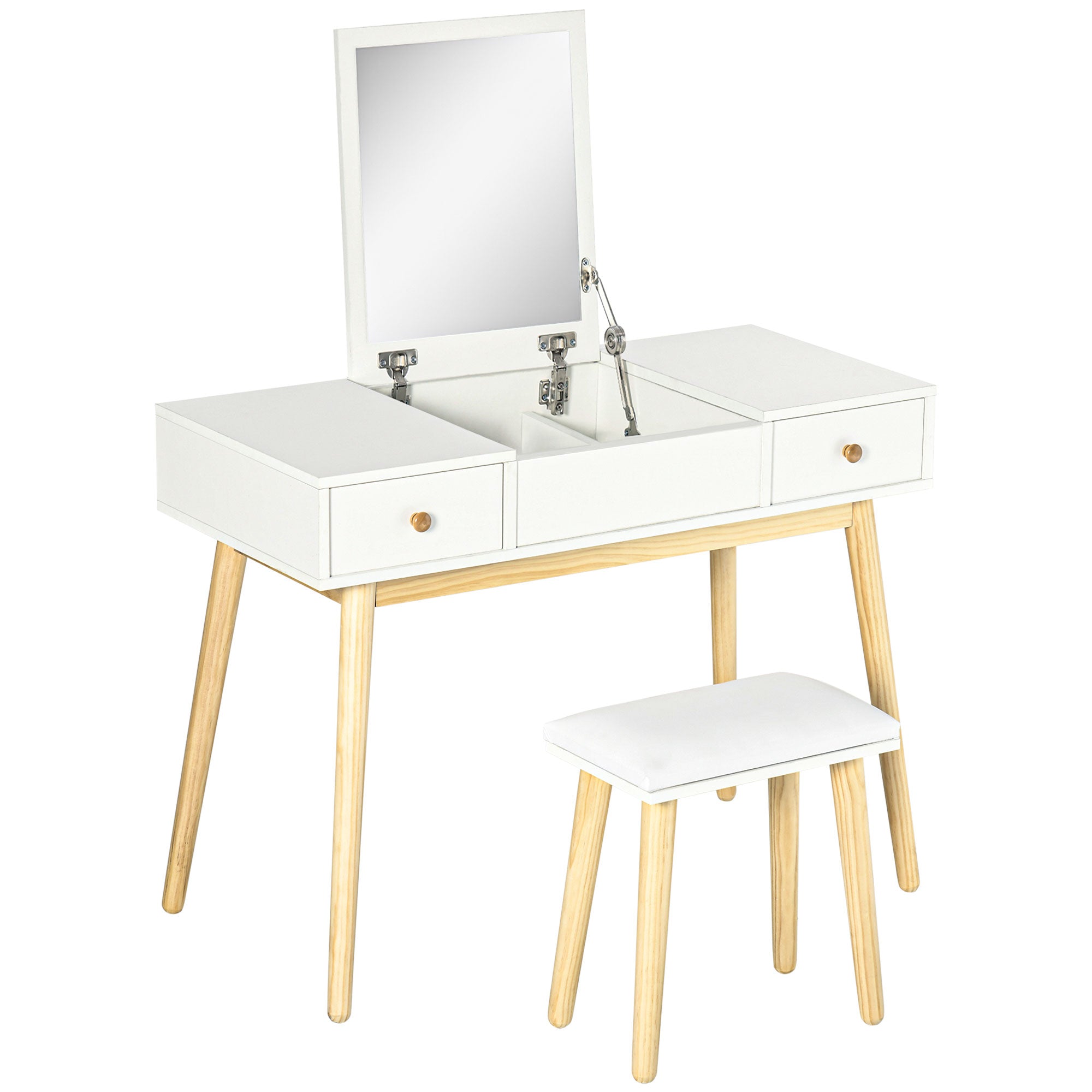 HOMCOM Dressing Table Set with Flip Top Mirror and Cushioned Stool, Makeup Vanity Dressing Table Writing Desk with 2 Drawers and Storage Grids for Bedroom (White)