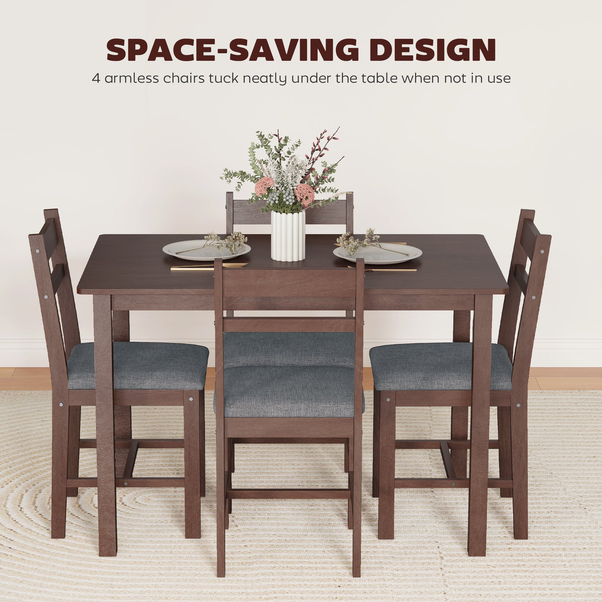 5-Piece Solid Wood Dining Table Set for 4, Farmhouse Kitchen Table with Upholstered Chairs for Small Space, Dining Room, Breakfast Nook, Walnut and Gray