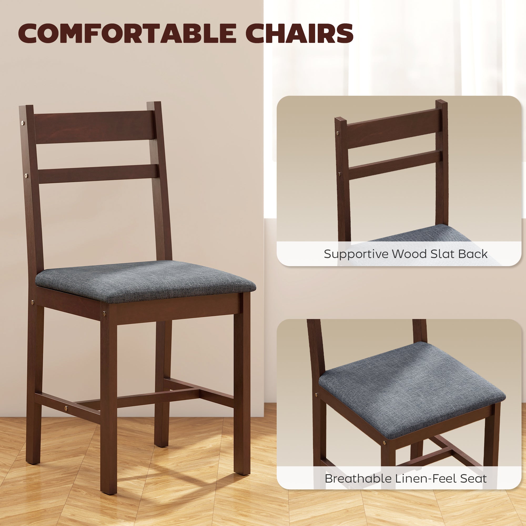 5-Piece Solid Wood Dining Table Set for 4, Farmhouse Kitchen Table with Upholstered Chairs for Small Space, Dining Room, Breakfast Nook, Walnut and Gray