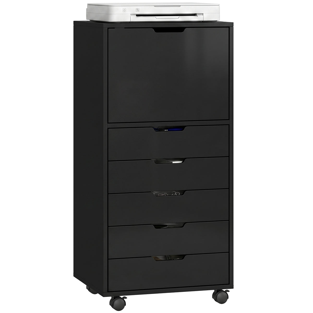 5 Drawer Vertical File Cabinet with Lockable Wheels and Soft-Close Cabinet, Mobile Filing Cabinet for Home Office, Rolling Printer Stand for A4 Letter-Size Documents, Black
