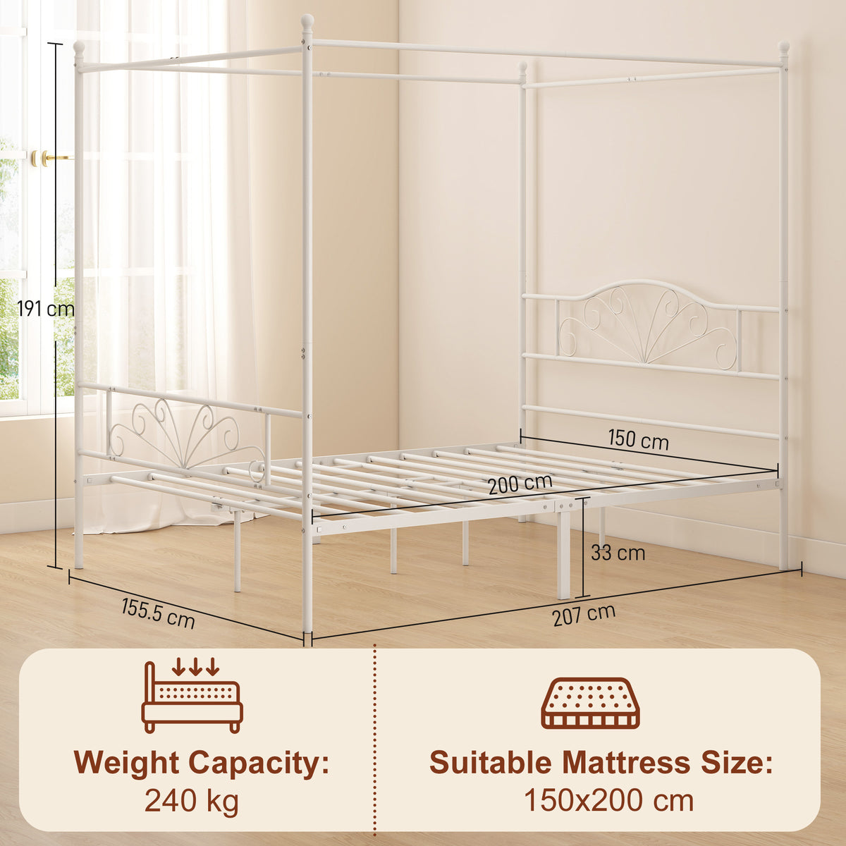 Canopy Bed Frame King Size, Metal Platform Bed Frame with Headboard and Footboard, Underbed Storage, Heavy Duty Steel Slats Support Mattress Foundation, No Box Spring Needed, White