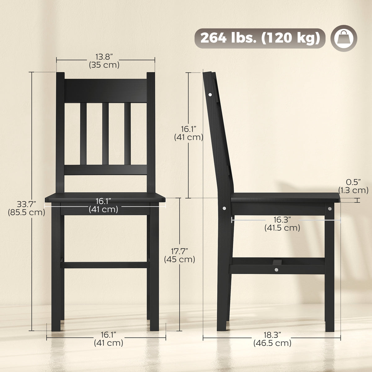 Dining Chairs Set of 2, Kitchen Chair with Slat Back, Pine Wood Structure for Living Room and Dining Room, Black