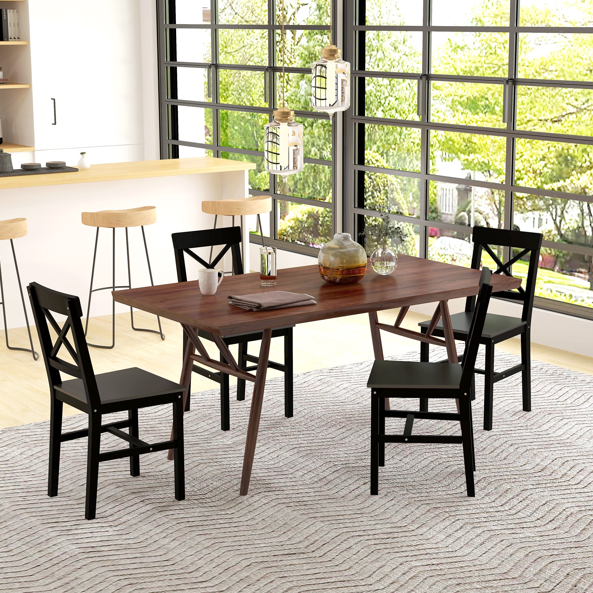 HOMCOM Dining Chairs Set of 4, Farmhouse Wooden Kitchen Chairs with Cross Back, Solid Structure for Dining Room, Black