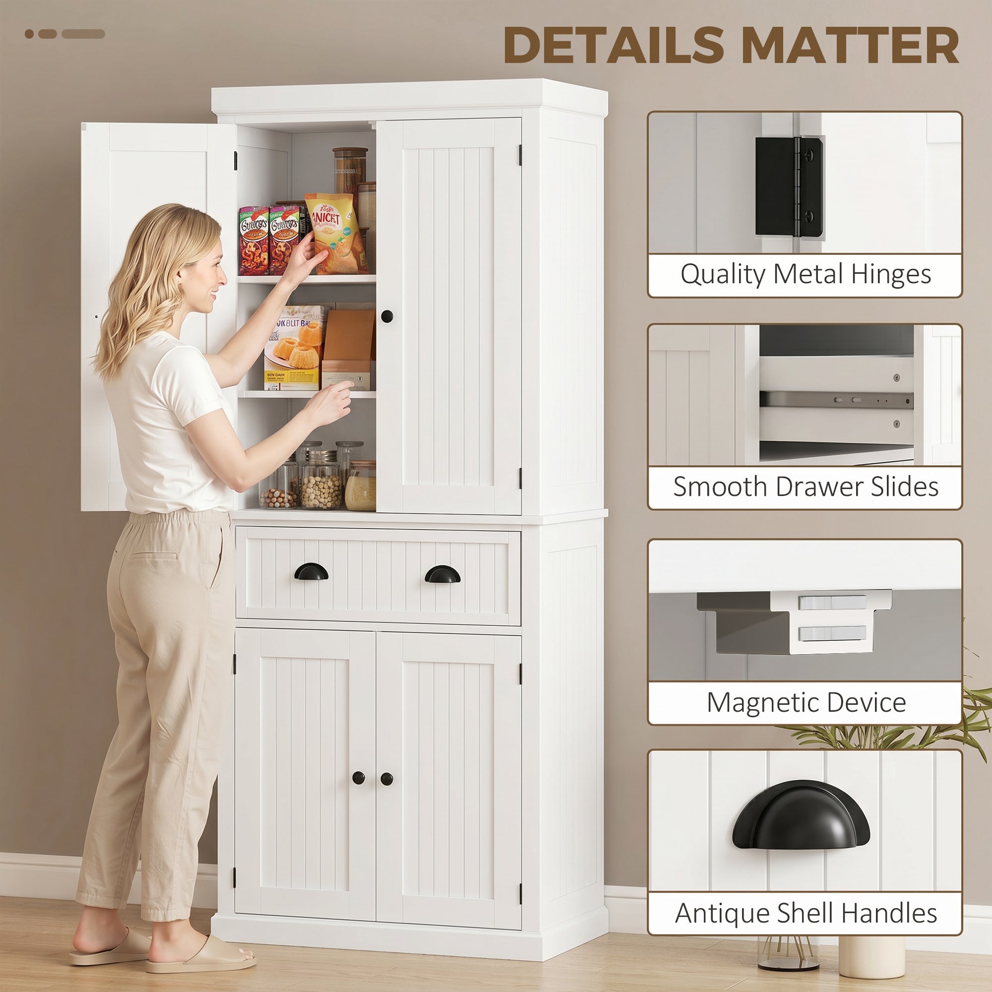 72" Tall Kitchen Pantry Cabinet, Modern Farmhouse Buffet Storage Cabinet with 4 Beadboard Doors, Drawer and Adjustable Shelves, White