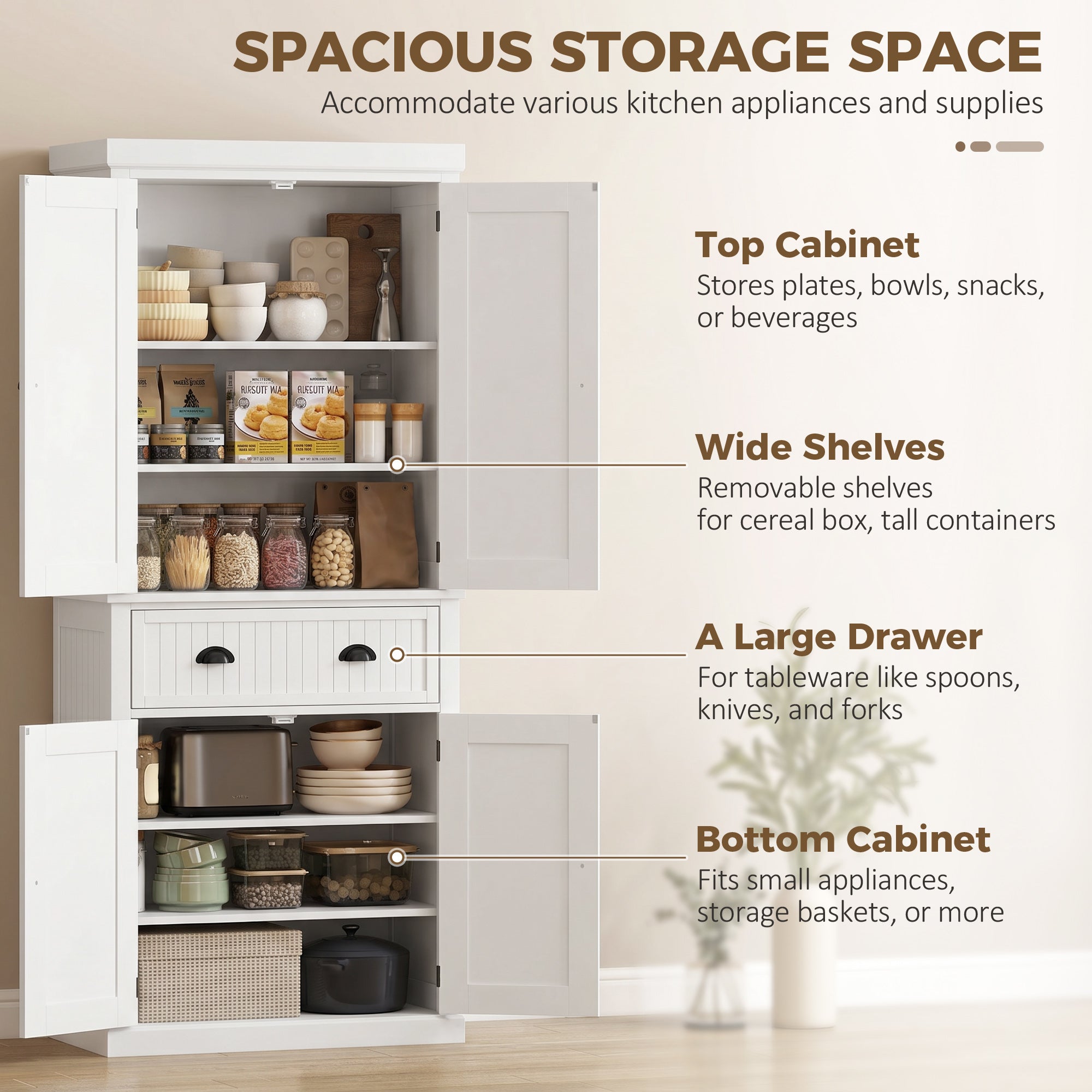 72" Tall Kitchen Pantry Cabinet, Modern Farmhouse Buffet Storage Cabinet with 4 Beadboard Doors, Drawer and Adjustable Shelves, White