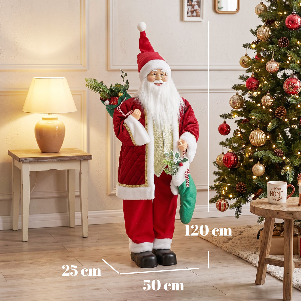 4ft Life Size Singing Dancing Santa Claus, 120 cm Standing Musical Animated Santa with Stocking, Sack, Posable Arms, Handcrafted, Sound Touch Activated, Moving Christmas Figure Decor