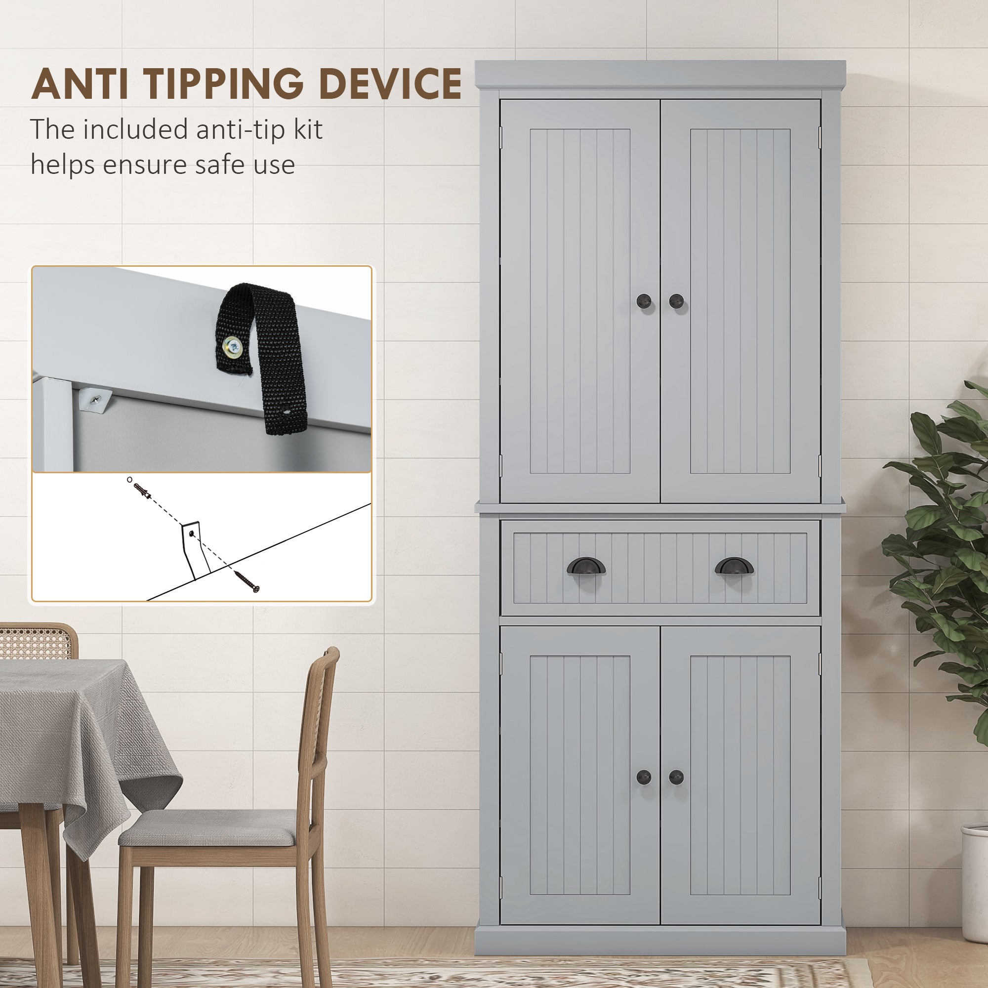 183cm Tall Kitchen Cupboard, Kitchen Pantry Cabinet with Drawer, 3 Adjustable Shelves and 4 Doors, Freestanding Storage Cabinet for Dining Room, Living Room, Grey