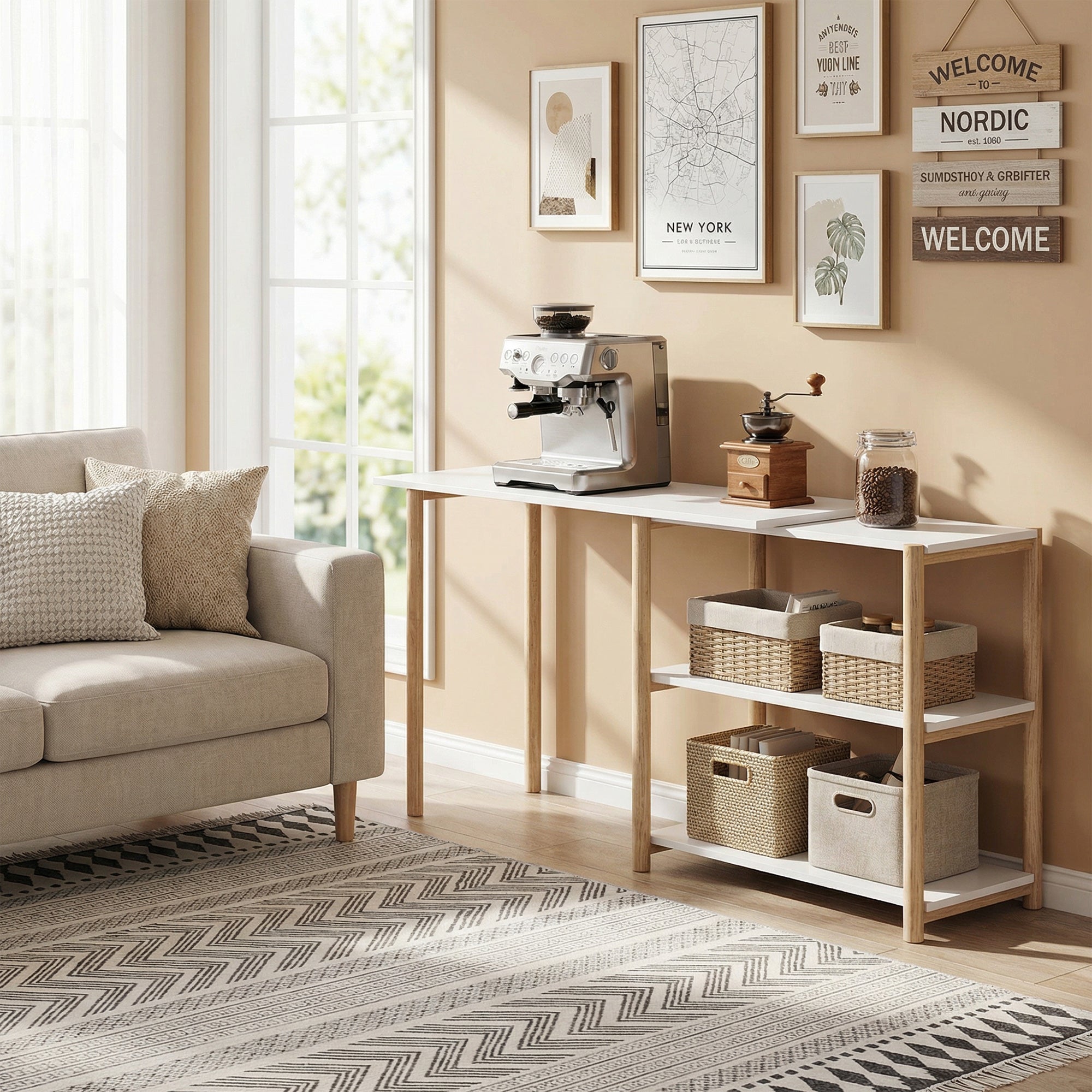 Computer Desk, Modern Writing Desk with Storage Shelves and Bamboo Frame, Easy Assembly Study Table for Home Office, Bedroom, 150 cm, White and Oak
