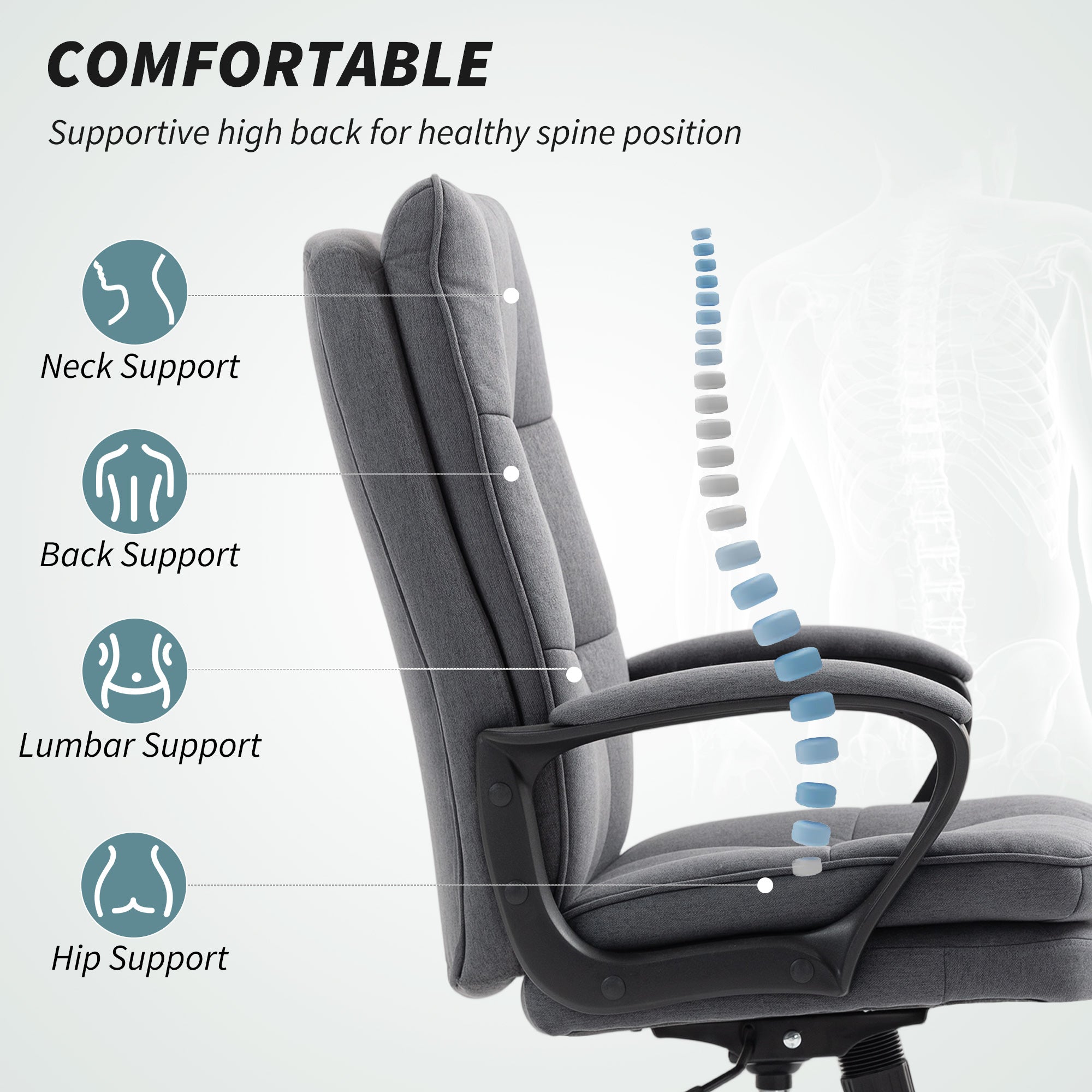 Executive Office Chair, Fabric Computer Desk Chair with Dual-Layer Padding, High Back, Silent Swivel Wheels, Armrest, Height Adjustable, Tilt Function for Home, Charcoal Grey