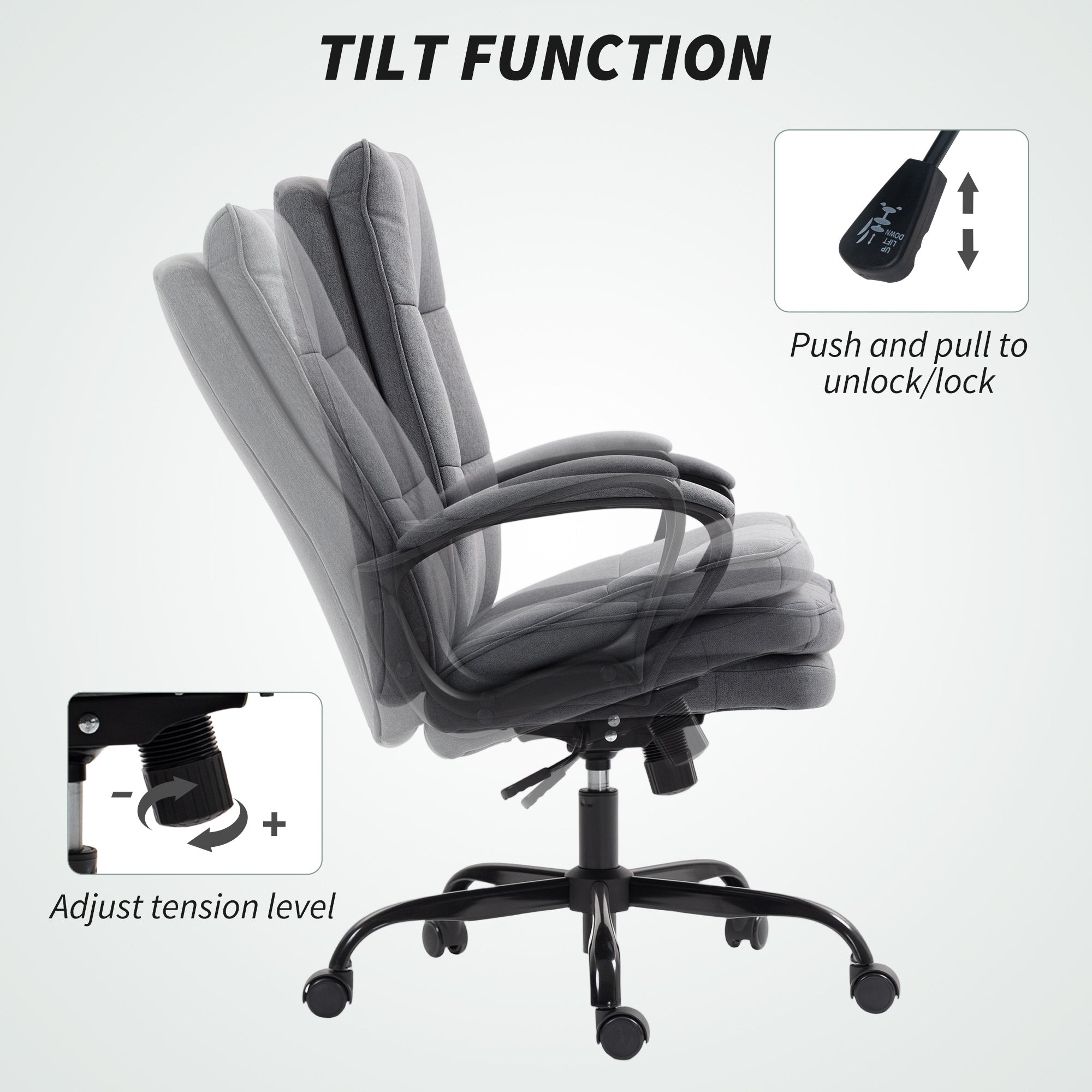 Executive Office Chair, Fabric Computer Desk Chair with Dual-Layer Padding, High Back, Silent Swivel Wheels, Armrest, Height Adjustable, Tilt Function for Home, Charcoal Grey