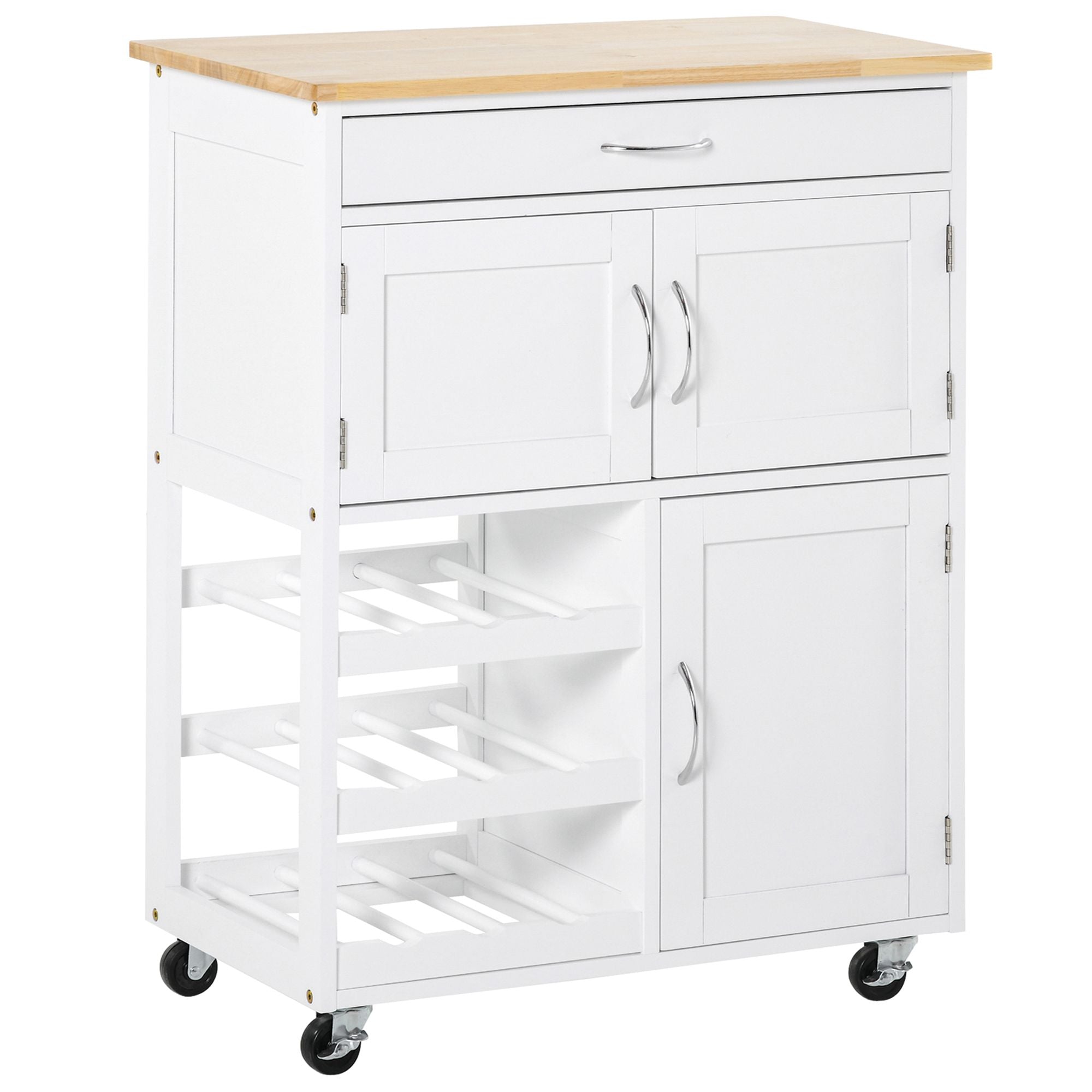 HOMCOM Kitchen Island on Wheels, Rolling Kitchen Cart with Drawer, 9-Bottle Wine Rack, Storage Cabinets, Wooden Countertop (White)