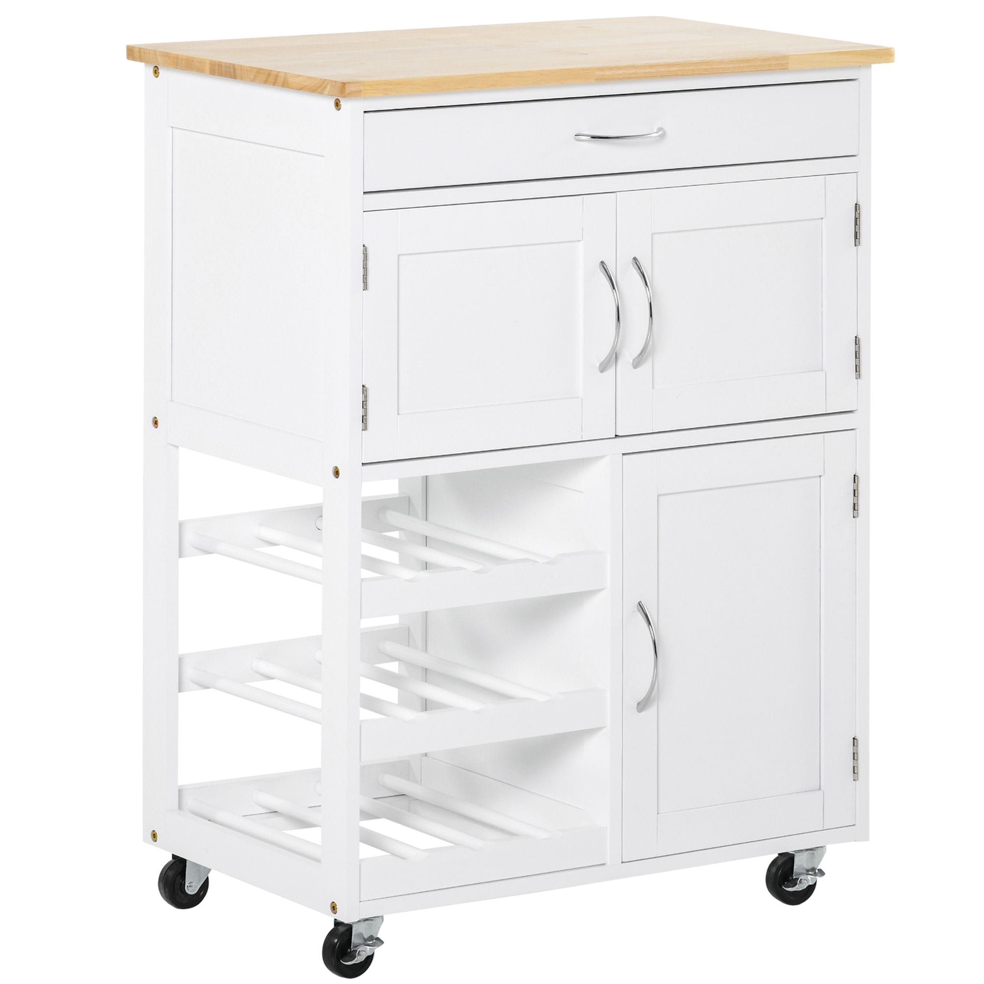 HOMCOM Kitchen Island on Wheels, Rolling Kitchen Cart with Drawer, 9-Bottle Wine Rack, Storage Cabinets, Wooden Countertop (White)