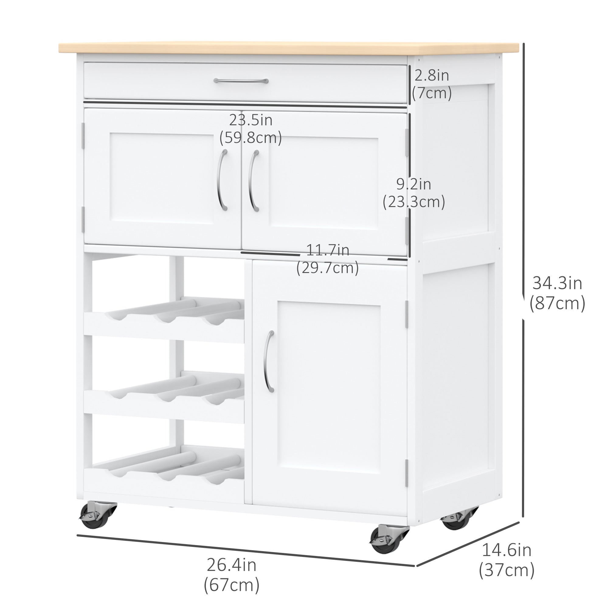 HOMCOM Kitchen Island on Wheels, Rolling Kitchen Cart with Drawer, 9-Bottle Wine Rack, Storage Cabinets, Wooden Countertop (White)