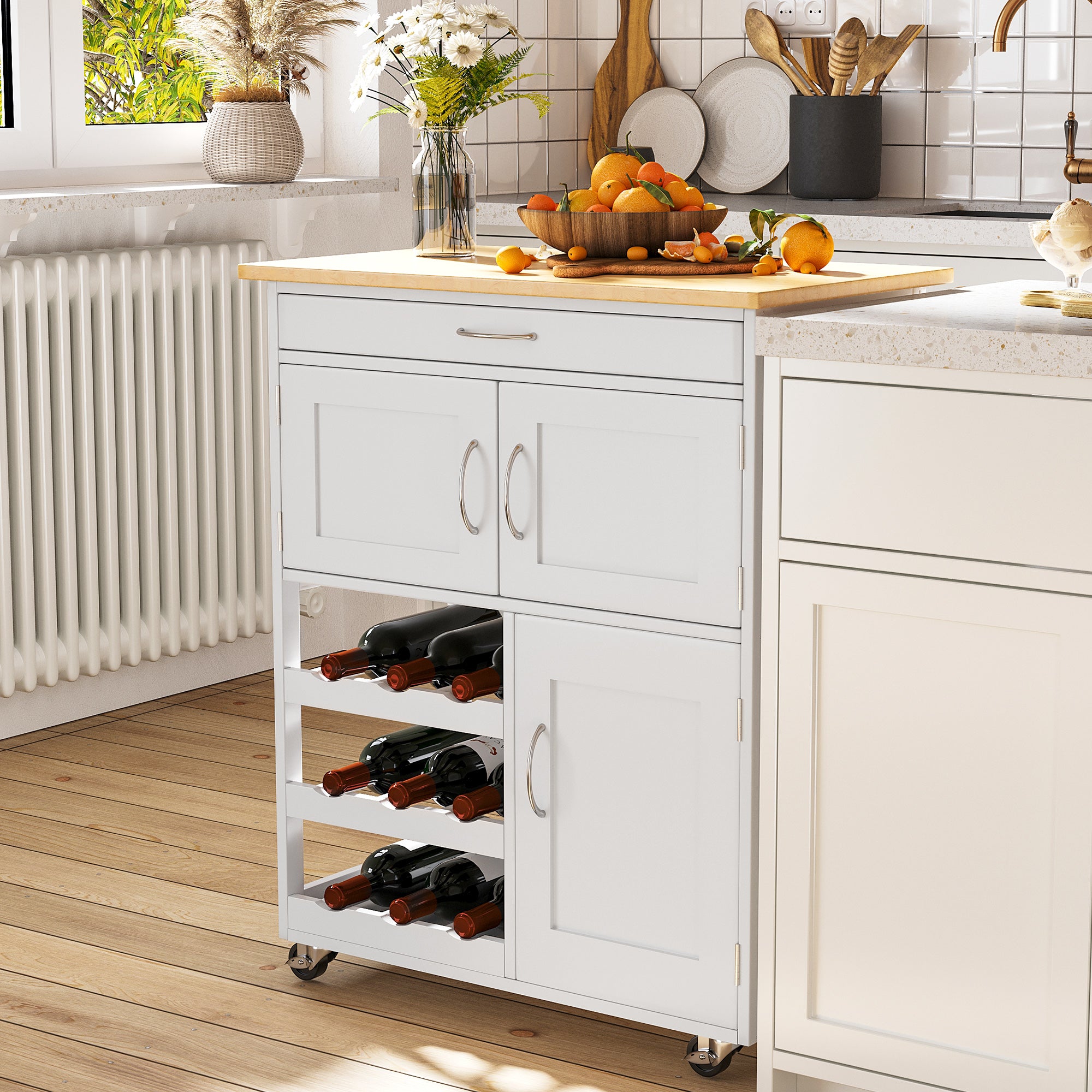 HOMCOM Kitchen Island on Wheels, Rolling Kitchen Cart with Drawer, 9-Bottle Wine Rack, Storage Cabinets, Wooden Countertop (White)