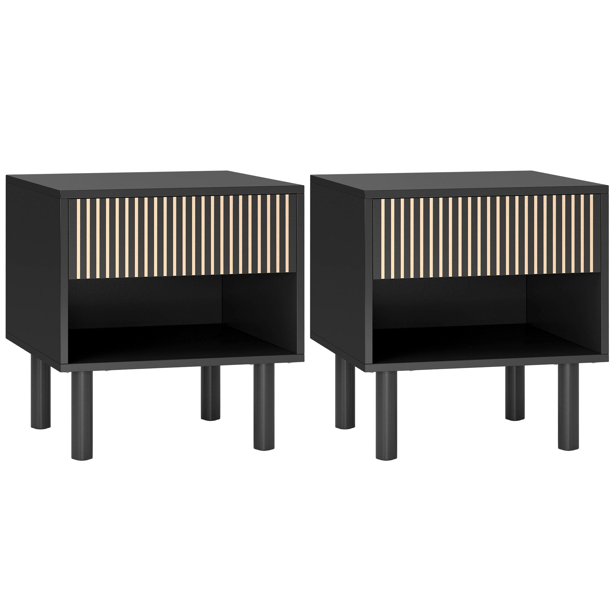 Modern Nightstand Set of 2, Bedside Table with Drawer and Open Shelf, Side End Table for Bedroom, Black