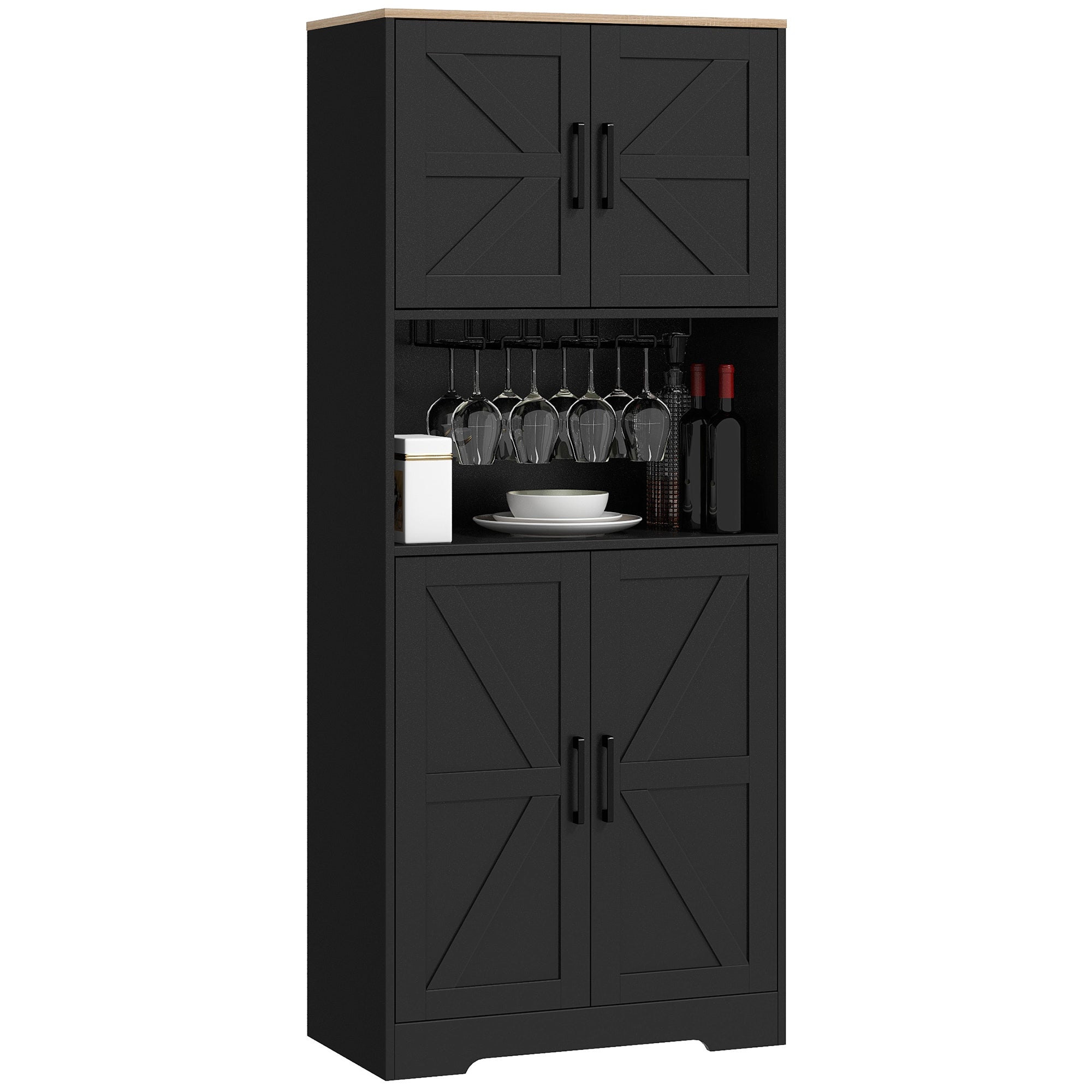 HOMCOM Kitchen Pantry Storage Cabinet, 68" Freestanding Hutch Cabinet with Microwave Oven Countertop, Farmhouse Doors, Black