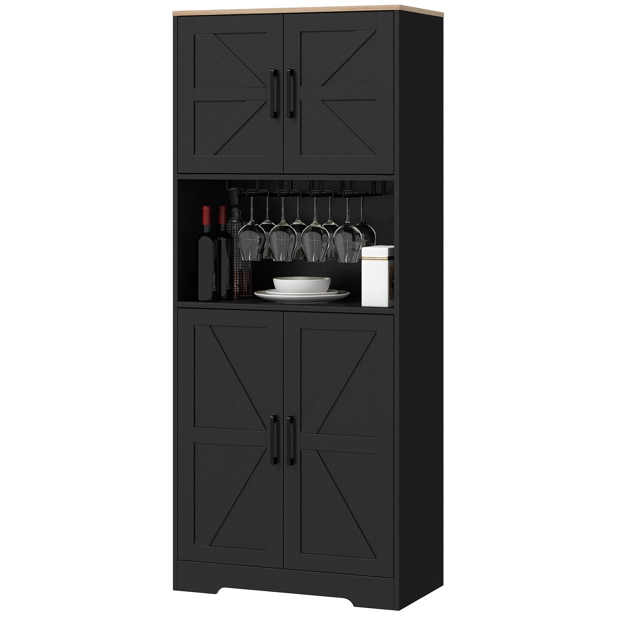 HOMCOM Kitchen Pantry Storage Cabinet, 68" Freestanding Hutch Cabinet with Microwave Oven Countertop, Farmhouse Doors, Black