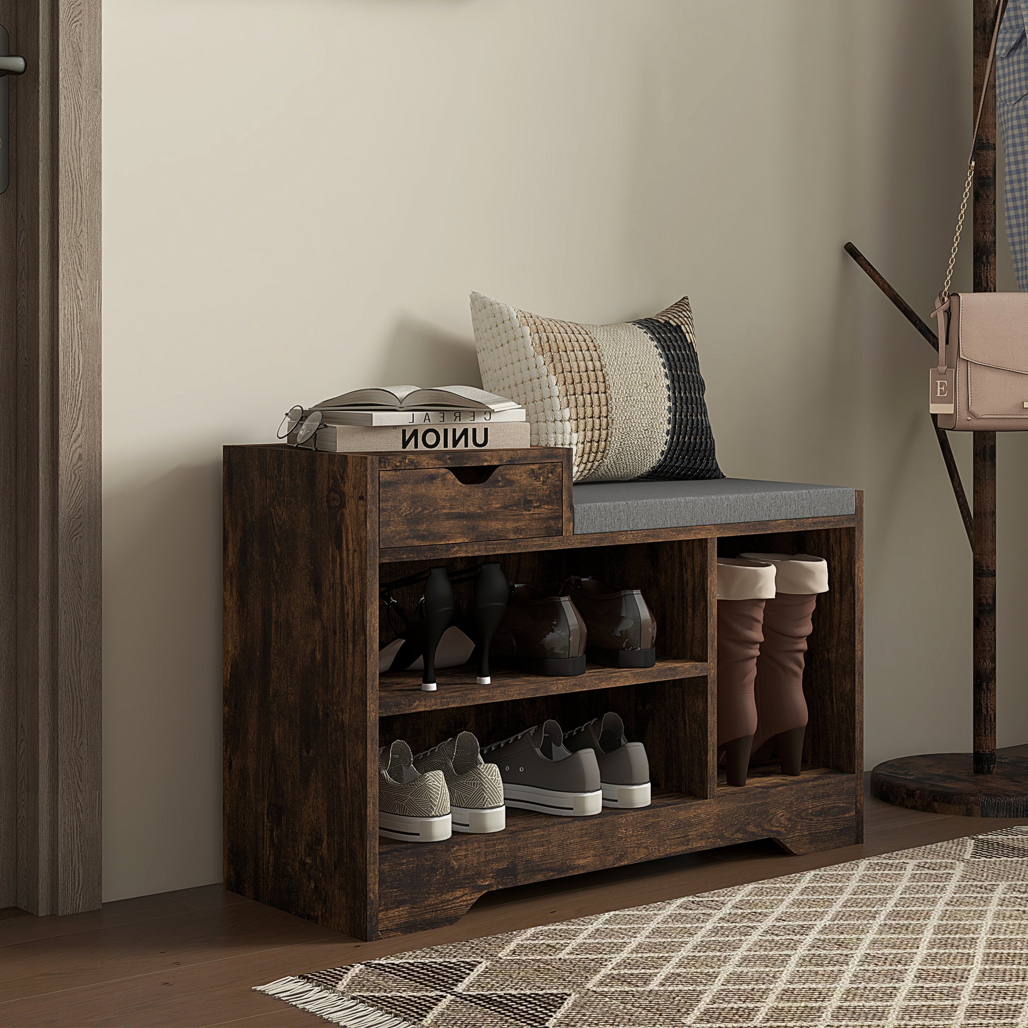 HOMCOM Shoe Storage Bench, Shoe Rack Bench with Seating Cushion, Drawer, 3 Open Compartments and Table Top for Entryway, Hallway, Rustic Brown