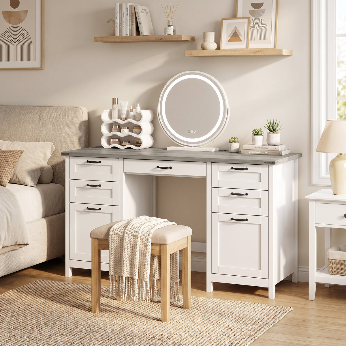 Farmhouse 57" Executive Desk with 7 Drawers, Computer Desk with Power Outlets & USB Charging, Hanging Bar for A4 and Letter, Home Office, Study, Grey Brown and White