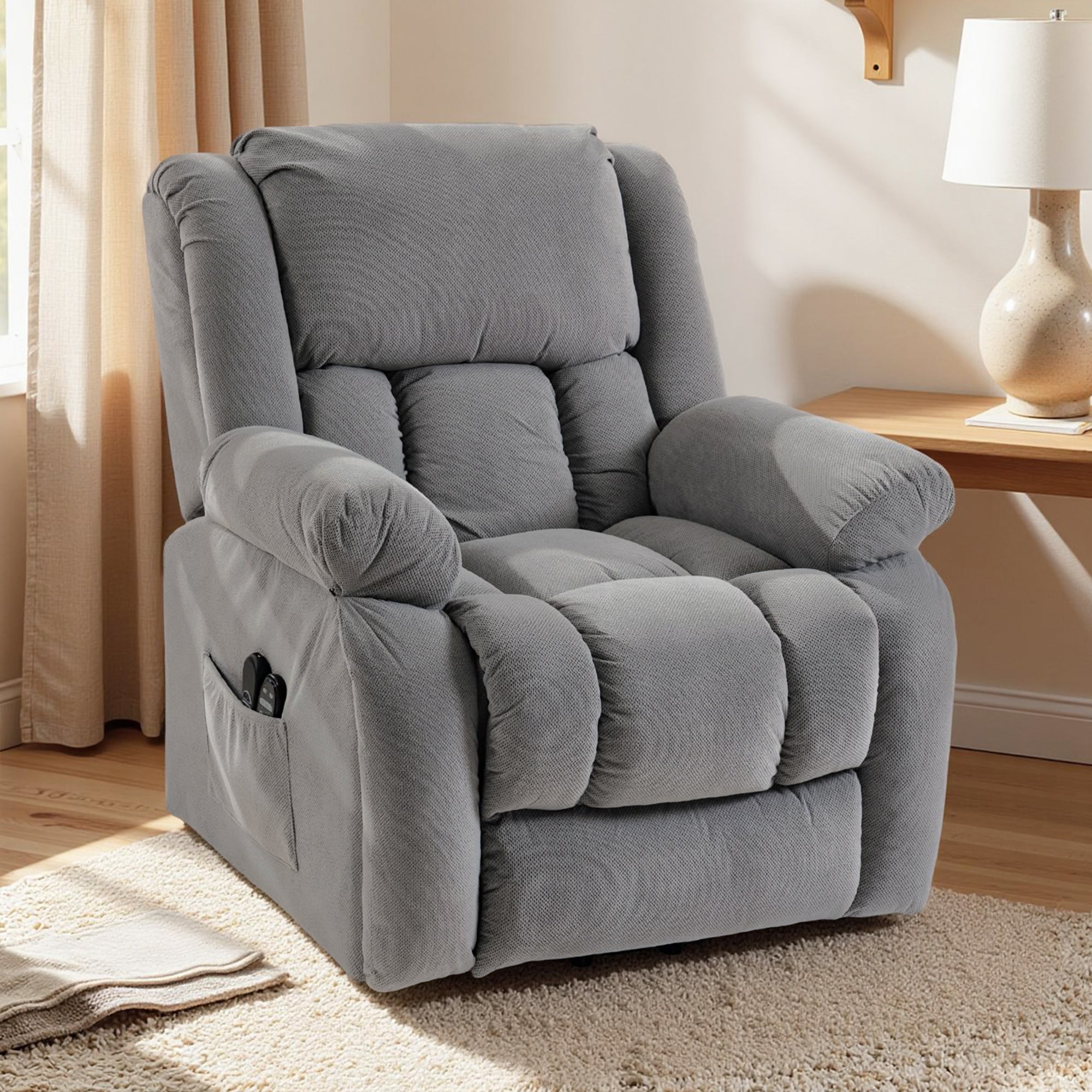 Recliner Armchair Lift Chair with Vibration Massage and Heat, Velvet-feel Fabric Electric Riser Recliner Chair for Elderly with Wide Seat, USB Port, Side Pockets for Living Room, Light Grey