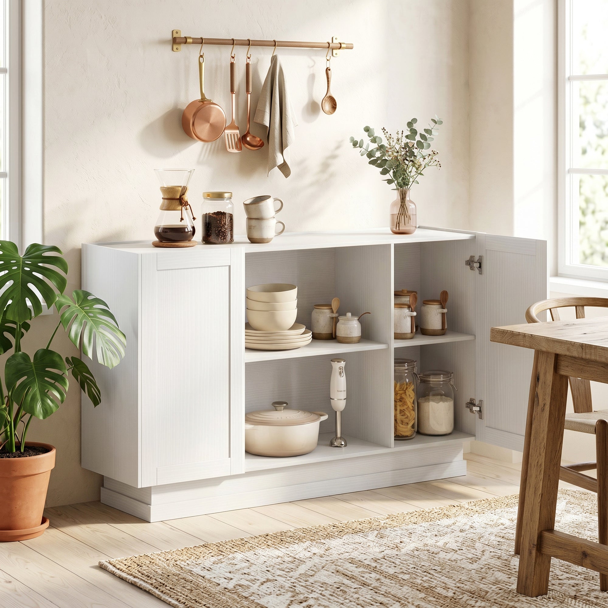 Sideboard Buffet Cabinet, 133 cm Modern Farmhouse Storage Cabinet with 2 Open Shelves, 2 Cupboards and Soft Close Doors for Dining Room, Living Room, White