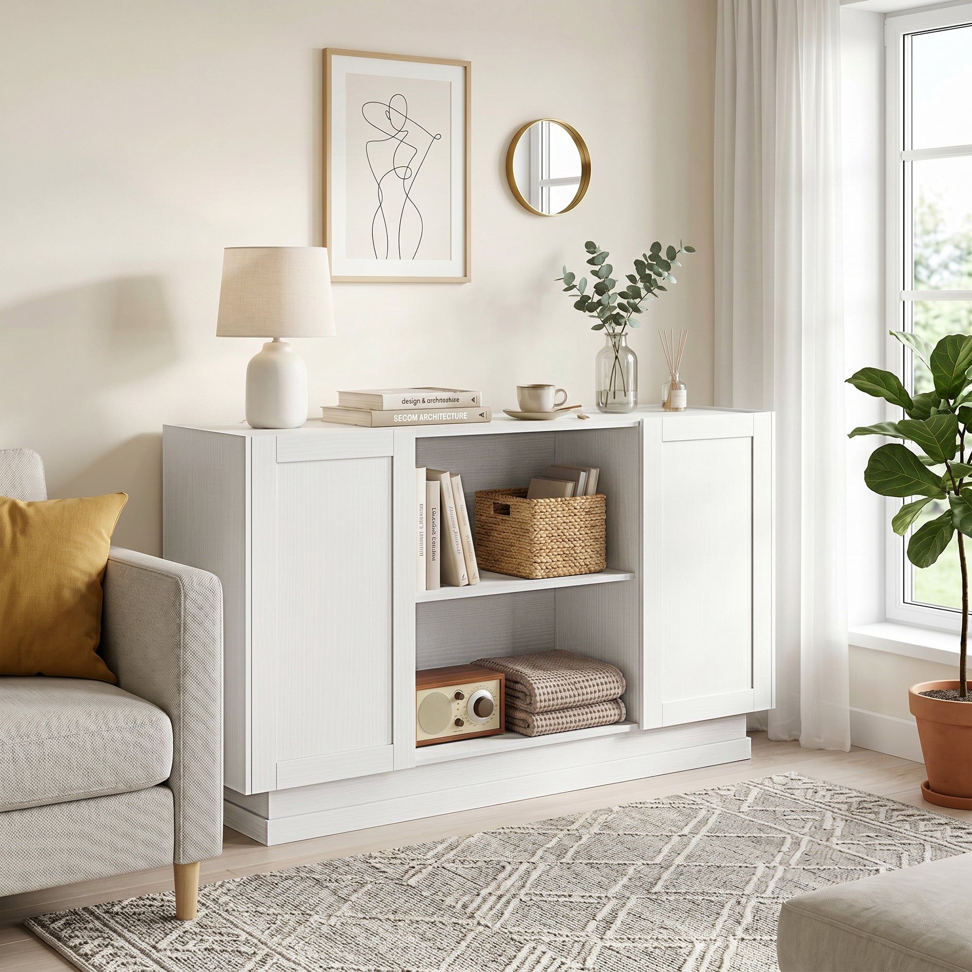 Sideboard Buffet Cabinet, 133 cm Modern Farmhouse Storage Cabinet with 2 Open Shelves, 2 Cupboards and Soft Close Doors for Dining Room, Living Room, White