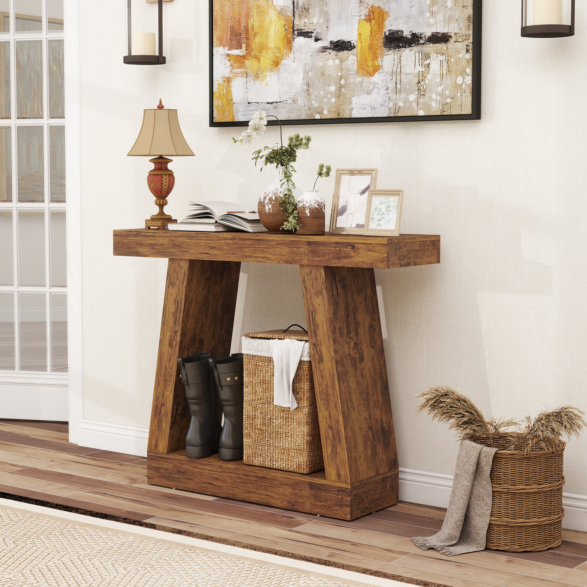 42" Farmhouse Console Table, 2-Tier Entryway Table with Storage and Thickened Tabletop for Hallway, Living Room, Entrance, Behind Couch, Dark Brown