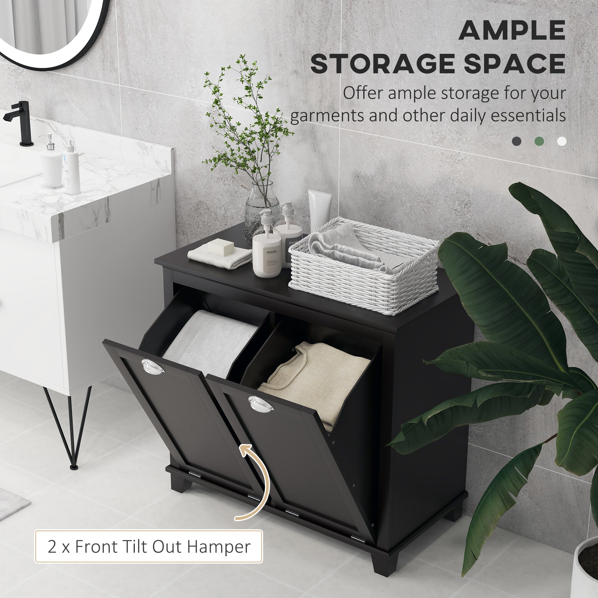 HOMCOM Tilt-Out Laundry Storage Cabinet, Bathroom Storage Organizer with Two-Compartment Tilt Out Hamper, Black