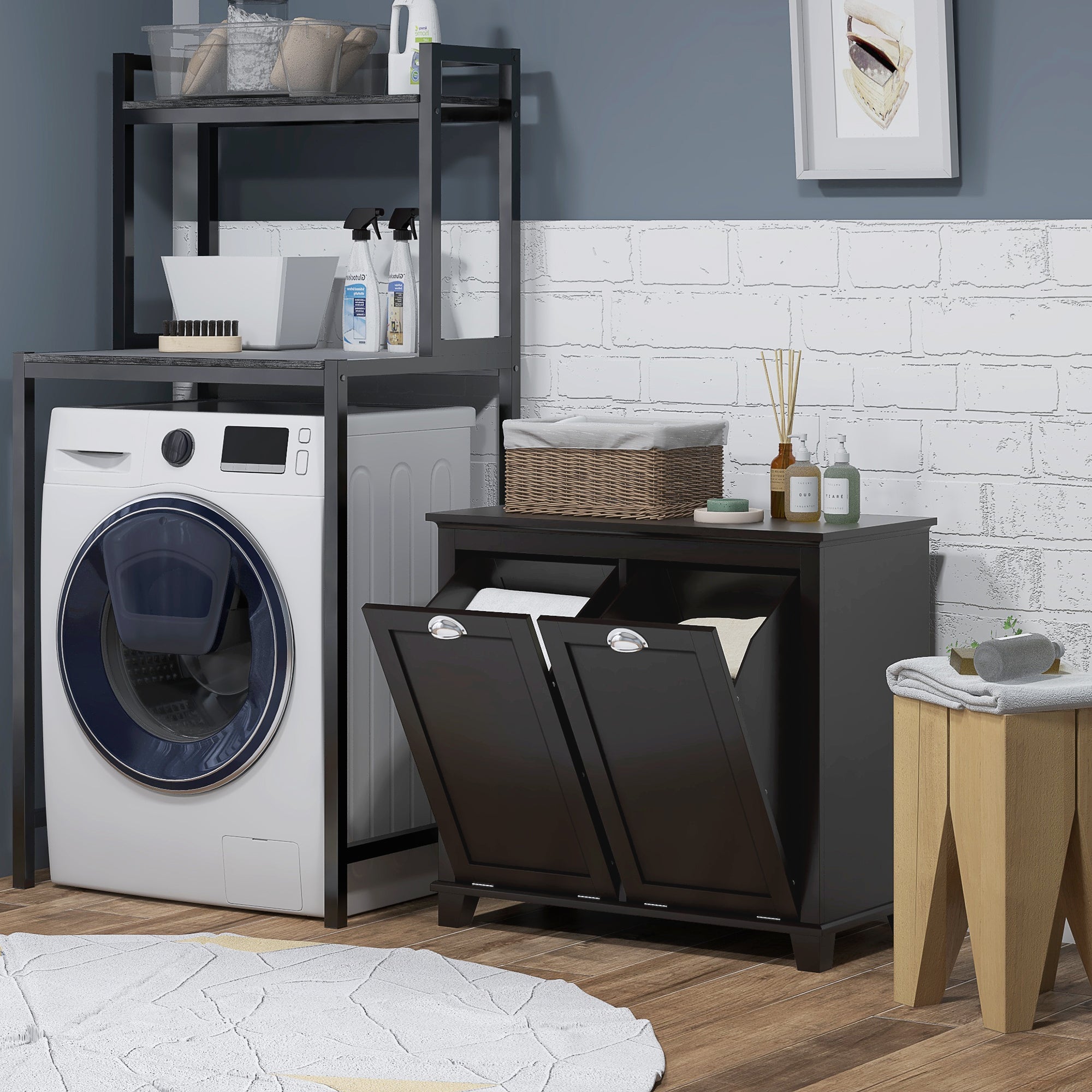 HOMCOM Tilt-Out Laundry Storage Cabinet, Bathroom Storage Organizer with Two-Compartment Tilt Out Hamper, Black